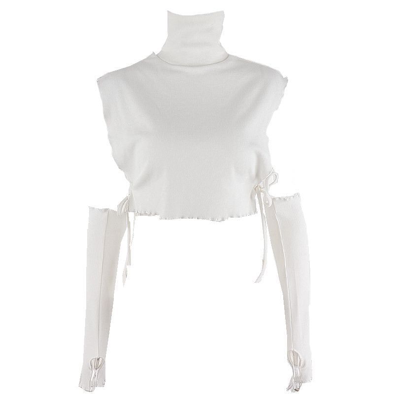 Solid Color High Collar Side Fungus Hollow Tether Sleeve Set Women