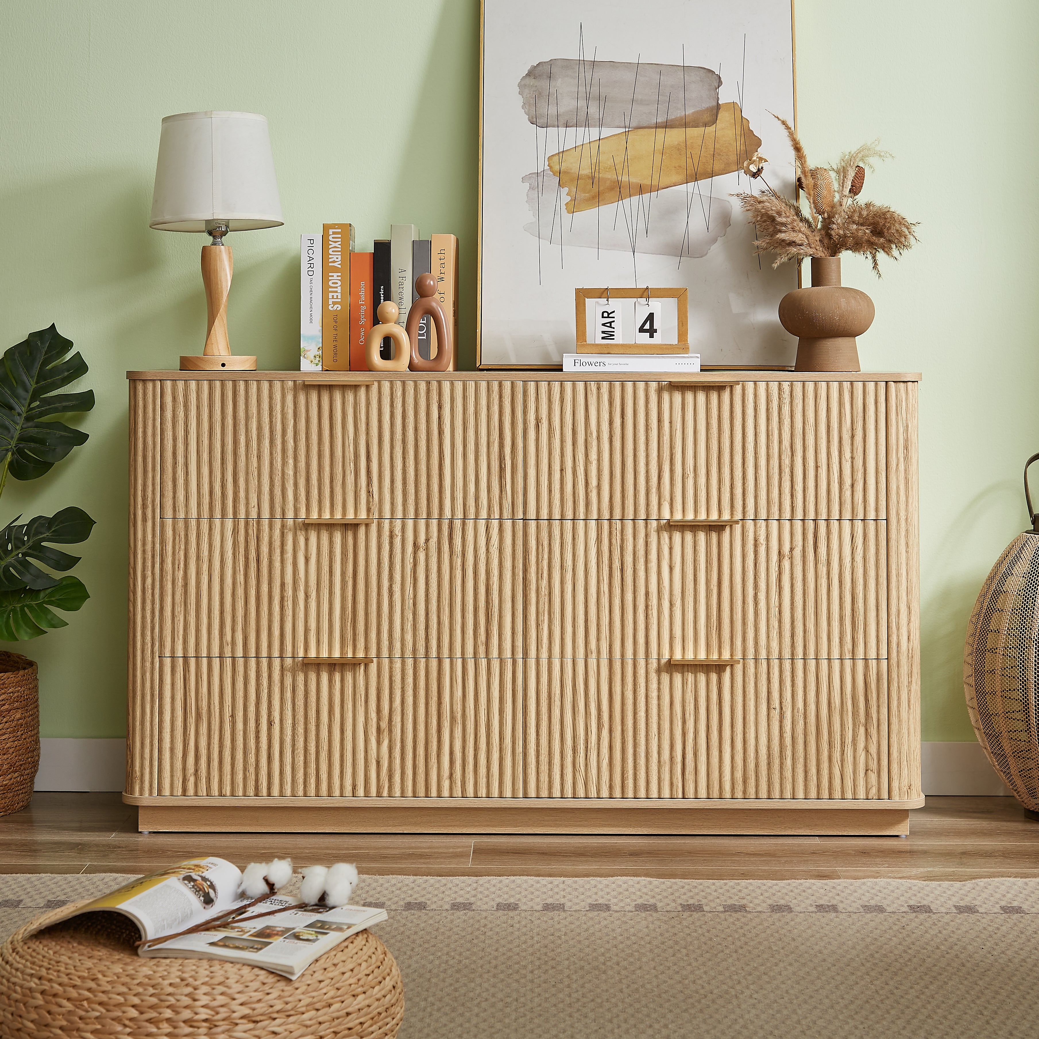 6 Drawers Dresser,55 Wide Modern Chest Of Drawers Curved Wave Design, Dresser TV Stand, Wood Drawer Organizer For Bedroom, Living Room, Hallway, Walnut,55.12W X 15.75D X 31.5H.