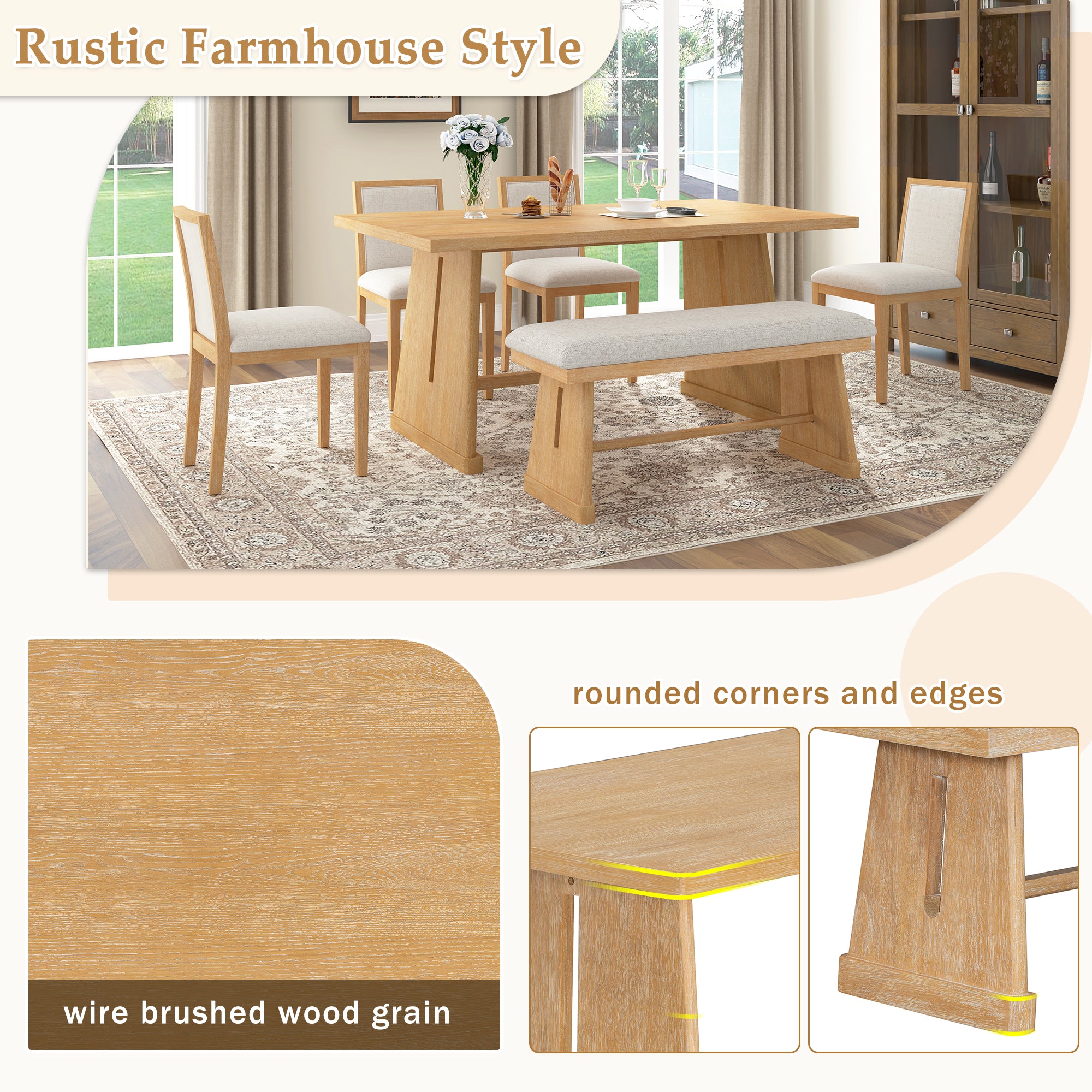 TREXM 6-Piece Rustic Farmhouse Dining Table Set With Wire Brushed Design, Rectangular Dining Table With Trapezoid Legs, 4 Upholstered Linen Chairs & 1 Padded Bench For Dining Room & Kitchen Natural