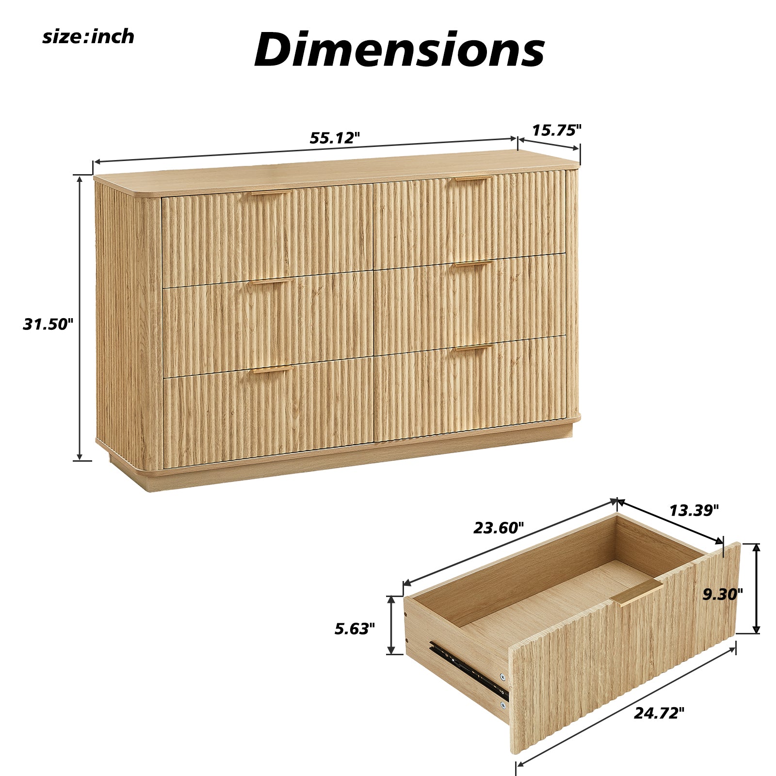 6 Drawers Dresser,55 Wide Modern Chest Of Drawers Curved Wave Design, Dresser TV Stand, Wood Drawer Organizer For Bedroom, Living Room, Hallway, Walnut,55.12W X 15.75D X 31.5H.
