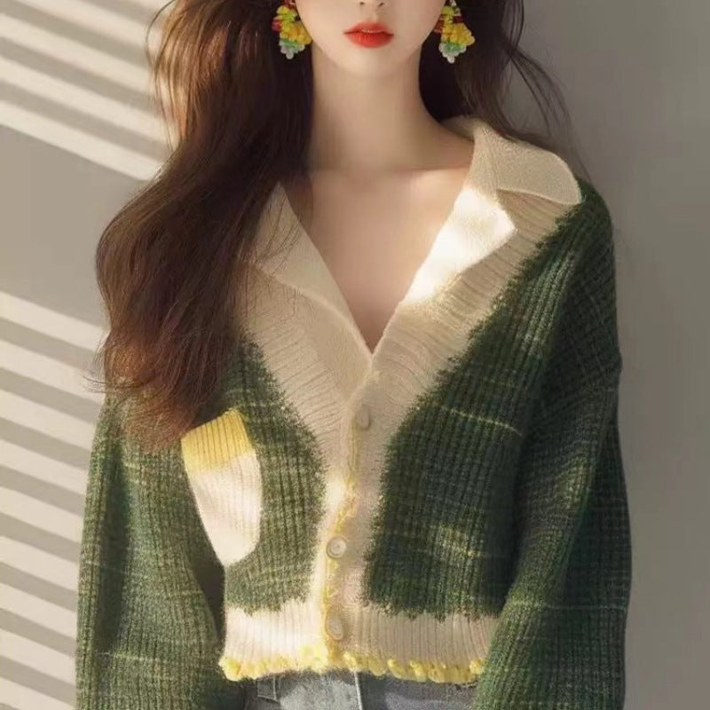 V-neck Knitted Long Sleeves Cardigan Green Sweater