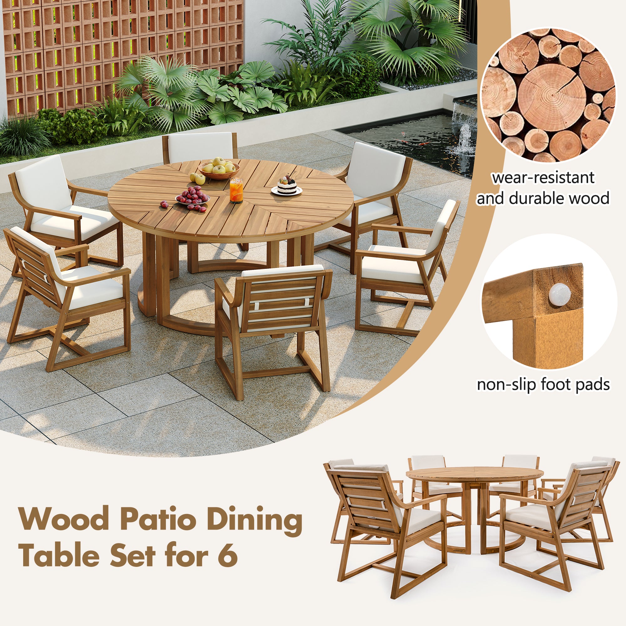 TREXM Patio Dining Table Set For 6  Round Dining Table With 1.96 Umbrella Hole  Outdoor Wooden Patio Furniture Set With Removable Cushions For Garden  Backyard And Pools  Light Teak Beige Cushion