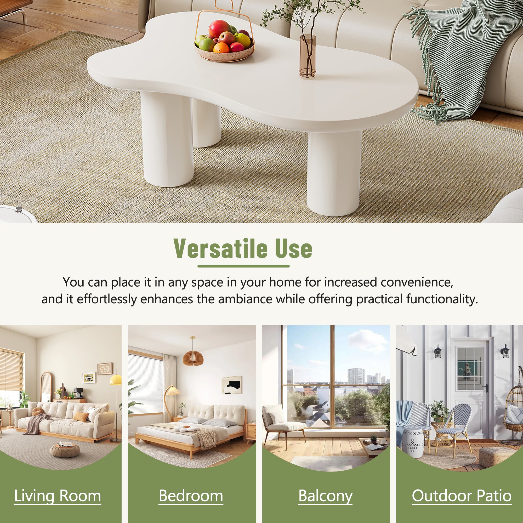 ON-TREND 44'' X 25.9'' Easy Assembly Cloud Coffee Table With 1.5'' Thick Tabletop, Cream Style Irregular End Table With 3 Sturdy Legs, Sleek Center Table With Round Edge For Living Room, White
