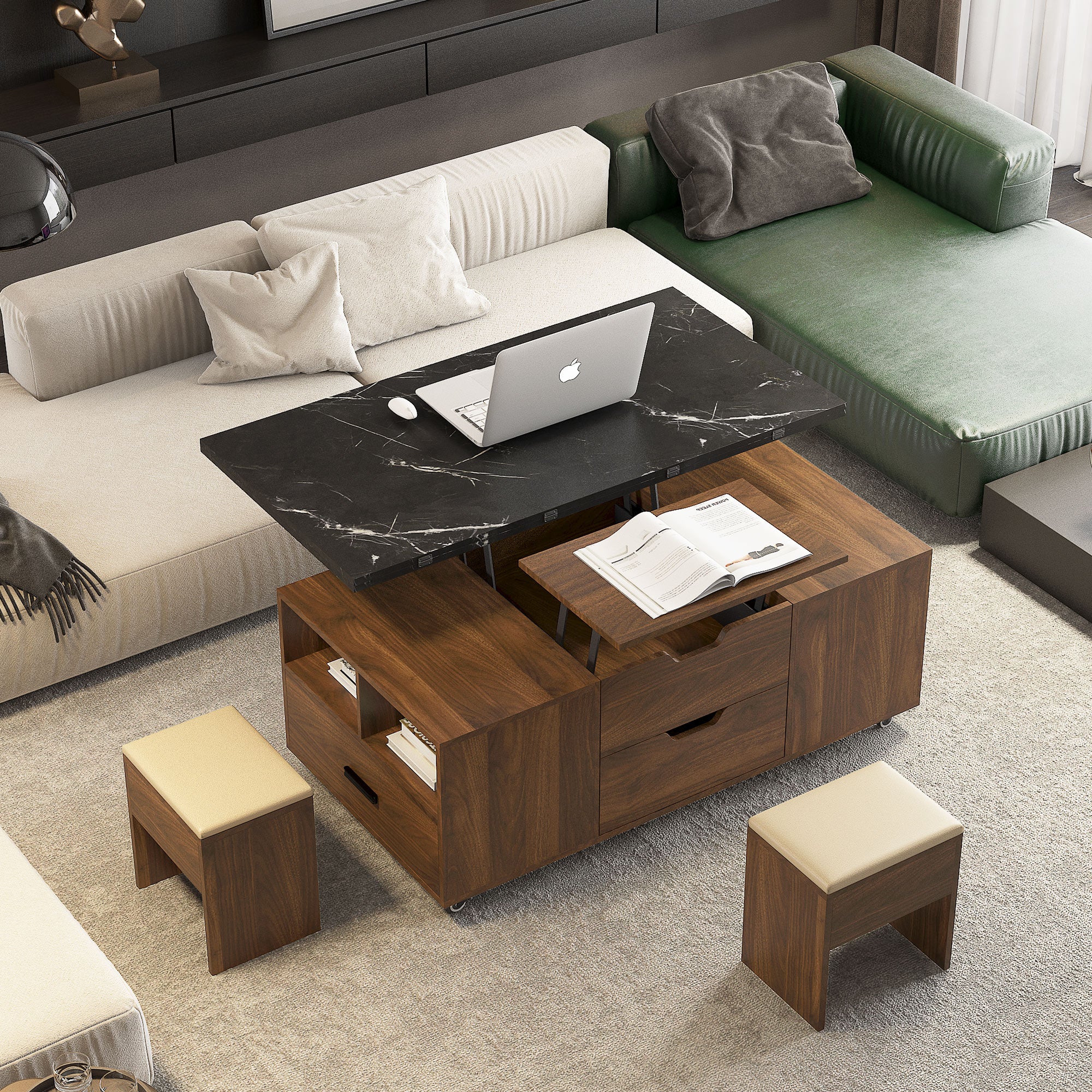 Modern Lift-Up Coffee Table With 2 Stools Set For Living Room Expandable Hidden Storage Drawers Space Saving Folding Dining Table