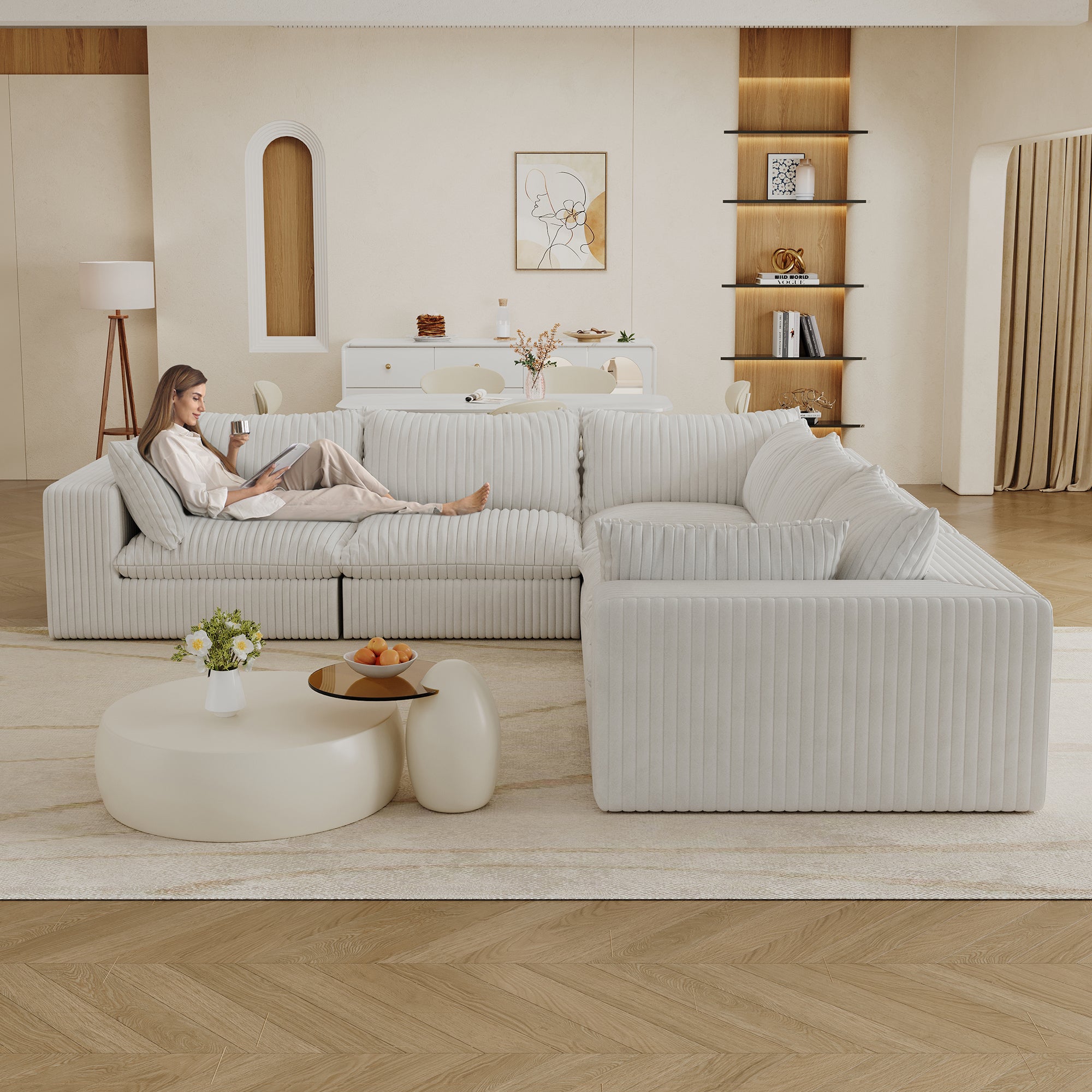 118.2 Cloud Sofa,Corduroy Fabric,Deep Seat Couches,Double-layer Design,Removable Cushion,No Assembly, DIY Combination For Living Room, Bedroom,Conference Room ,Apartment,WHITE