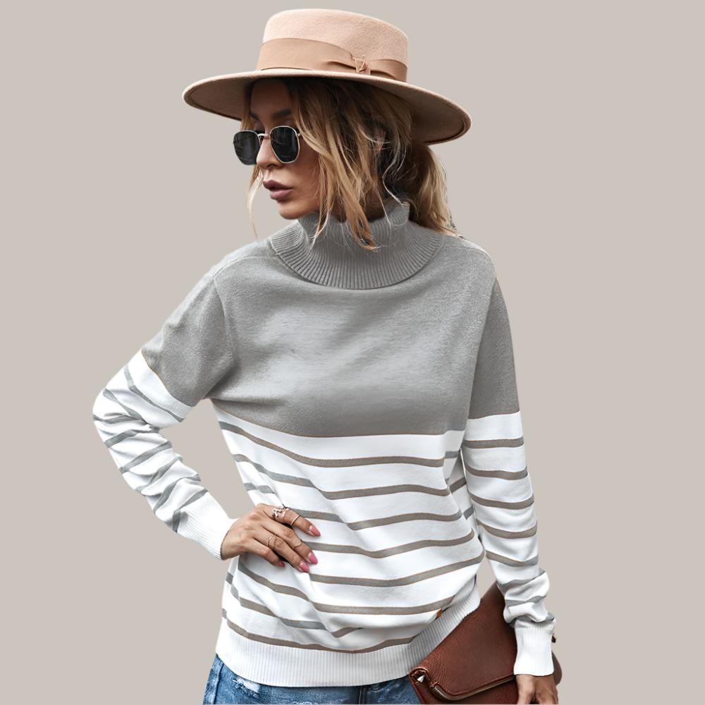 Net red high neck striped sweater blouse