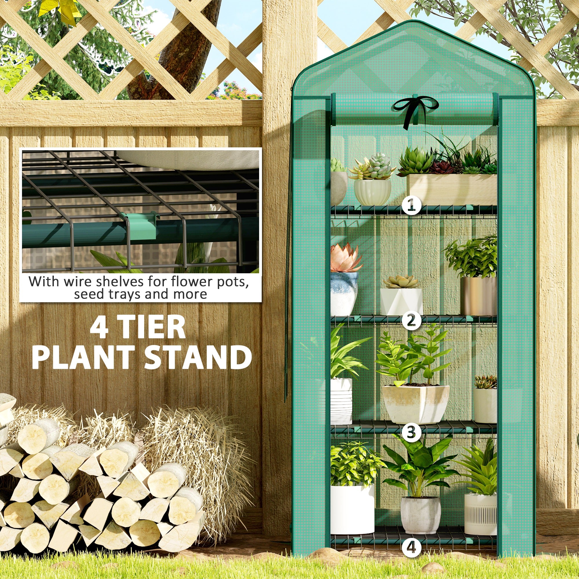 Mini Greenhouse with Screen Roof, 4 Tier Portable Small Greenhouse with High Strength PE Cover, Green