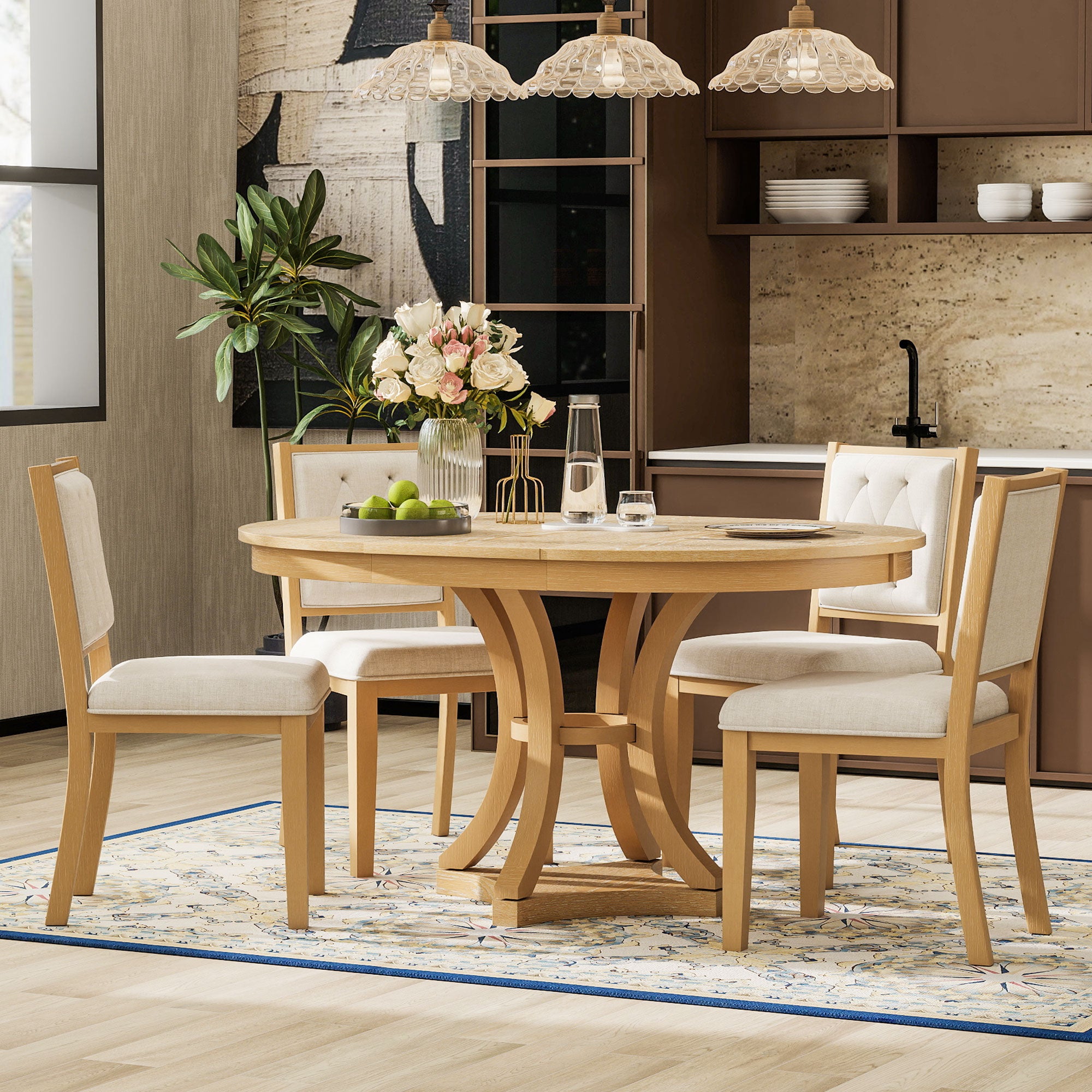 TREXM 5-Piece Retro Functional Dining Table Set Extendable Round Table And 4 Upholstered Chairs For Dining Room And Living Room  Natural