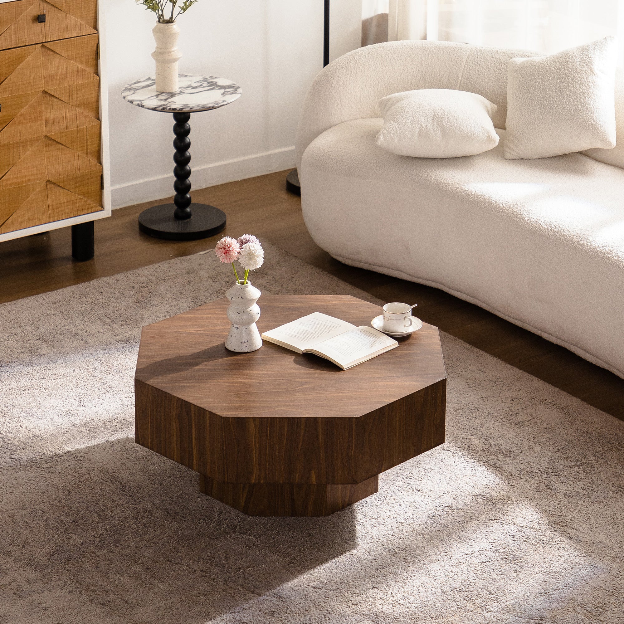 30.51 Inch Coffee Table Wooden Octagonal-Shaped For Living Room Walnut Suitable For Bedroom, Living Room, Office
