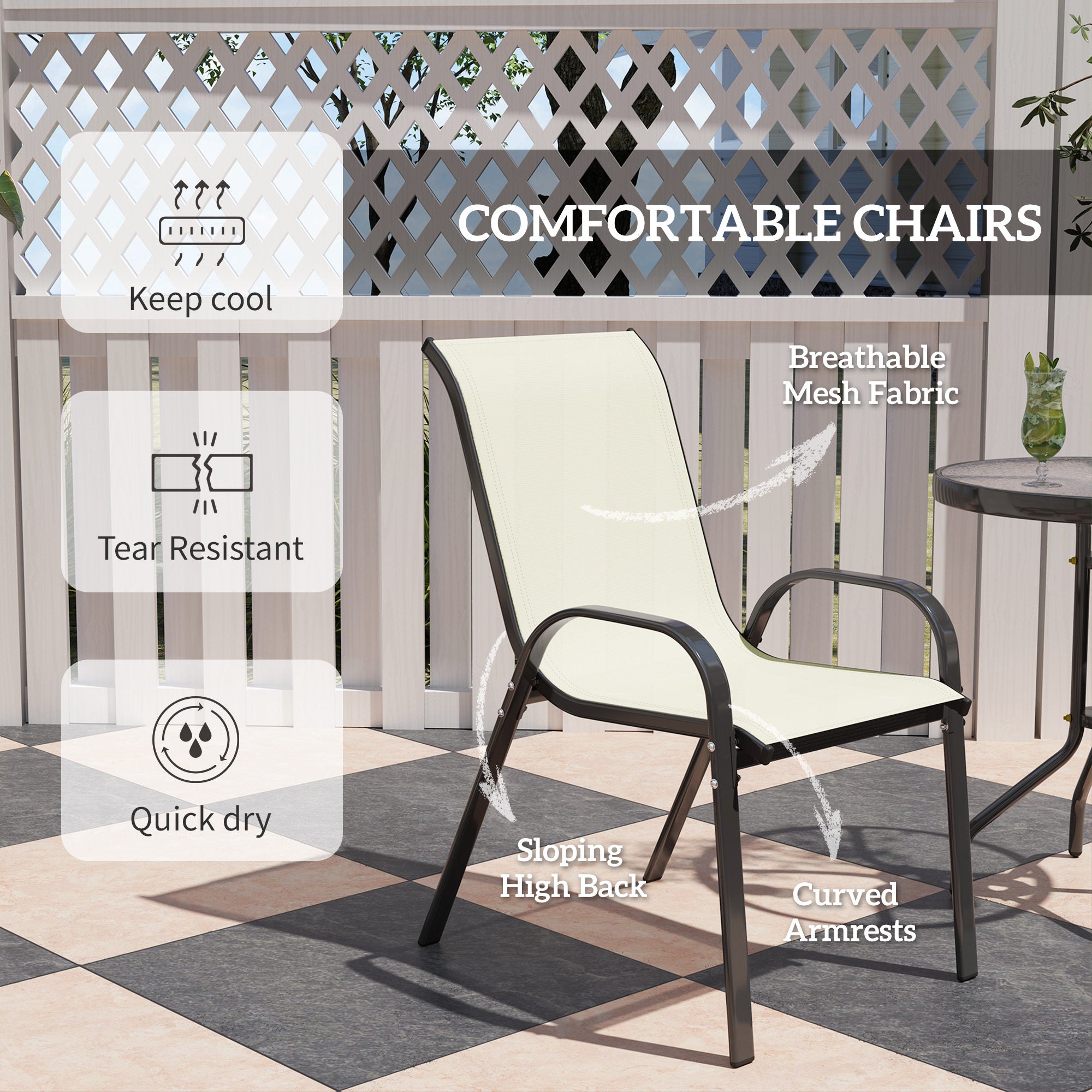 3 Pieces Bistro Set, Small Patio Furniture Set with Stackable Chairs and Glass Table for Backyard, Balcony, Beige