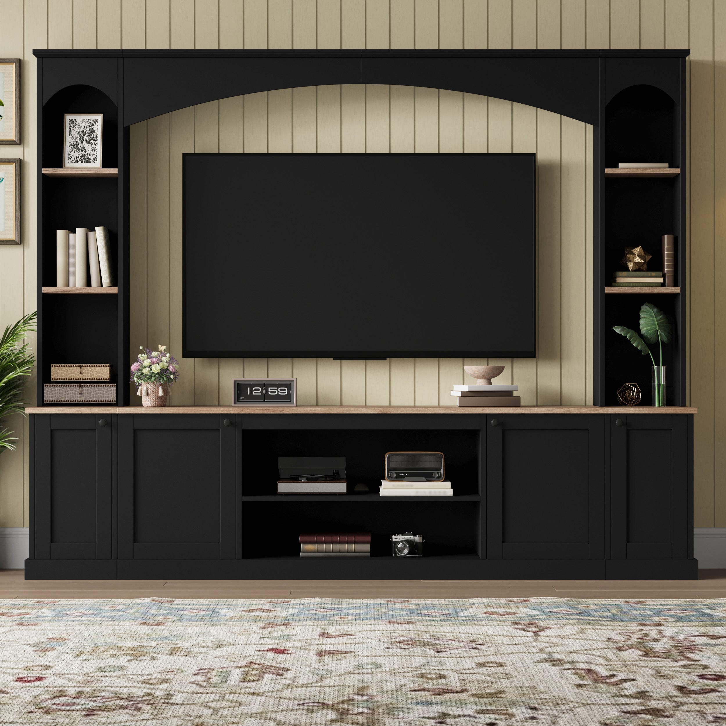 Elegant Arched Entertainment Center Wall Unit With Bookshelf, Farmhouse TV Stand With Wood Grain For TVs Up To 70, 91inch Media Console With Adjustable Shelves For Living Room, Black