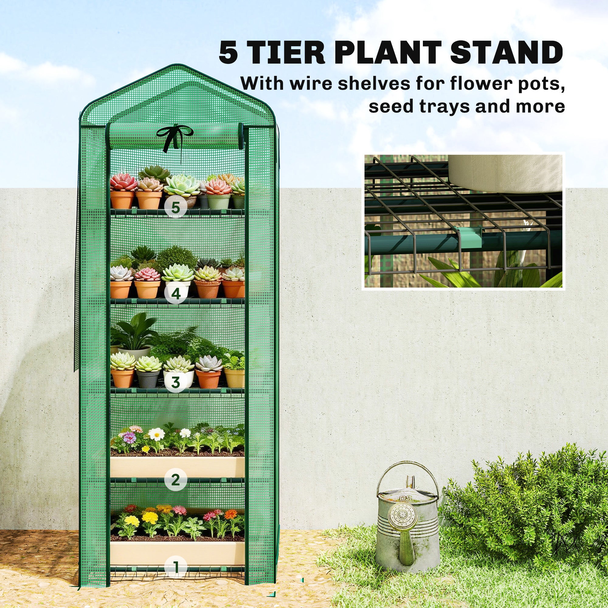 Mini Greenhouse with Screen Roof, 5 Tier Portable Small Greenhouse with High Strength PE Cover, Green