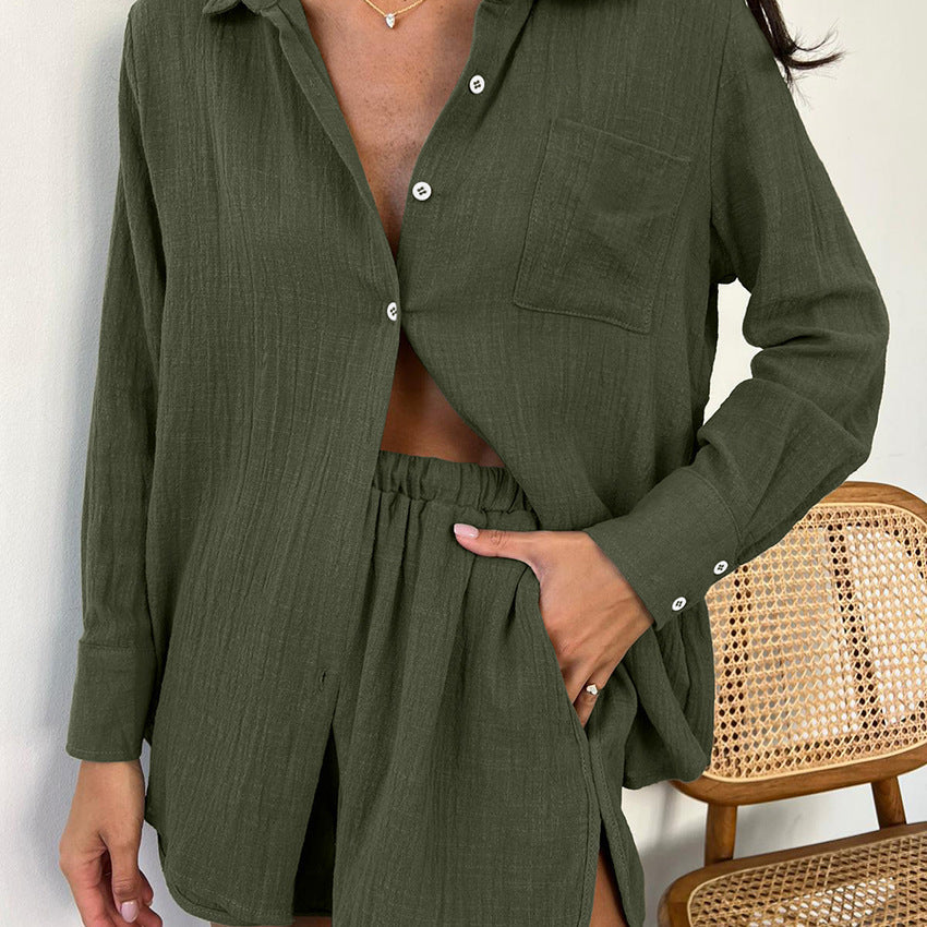 Pajamas Suit Loose Green Long-sleeved Shorts Women's Slub Cotton Home Wear