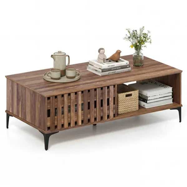 47 Inch Mid-Century Coffee Table With Storage Cabinets & Open Compartment, Walnut Wooden Look Accent Table With Heavy-Duty Metal Legs For Living Room