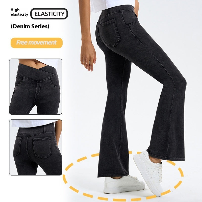 Cross Waist Jeans Women's High Elastic Hip Lifting Sport Bell-bottom Pants