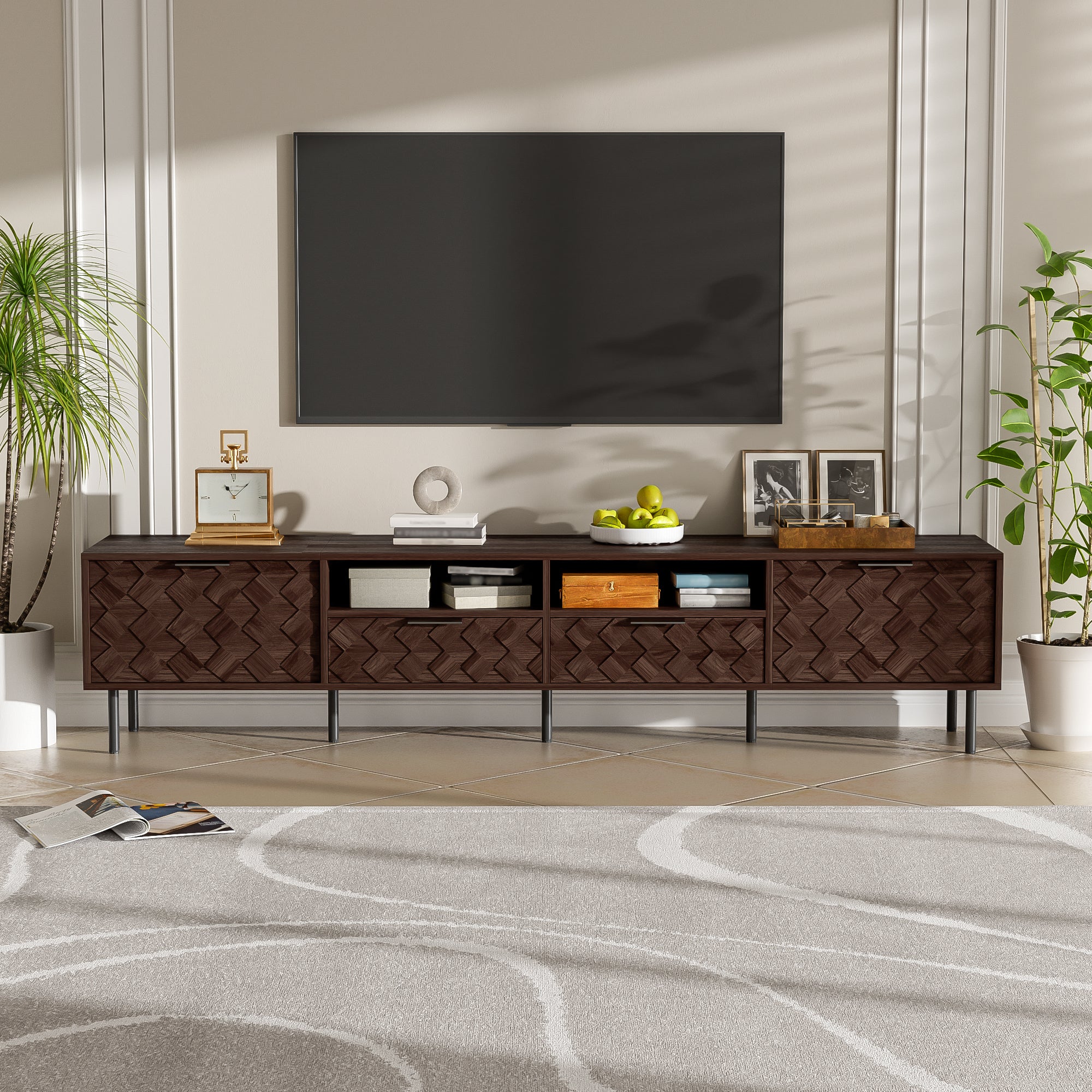 78 Inch Modern TV Stand For TVs Up To 85, Entertainment Center With Closed Storage & Cable Management, Soft-Closing Hinges, Iron Legs For Living Room
