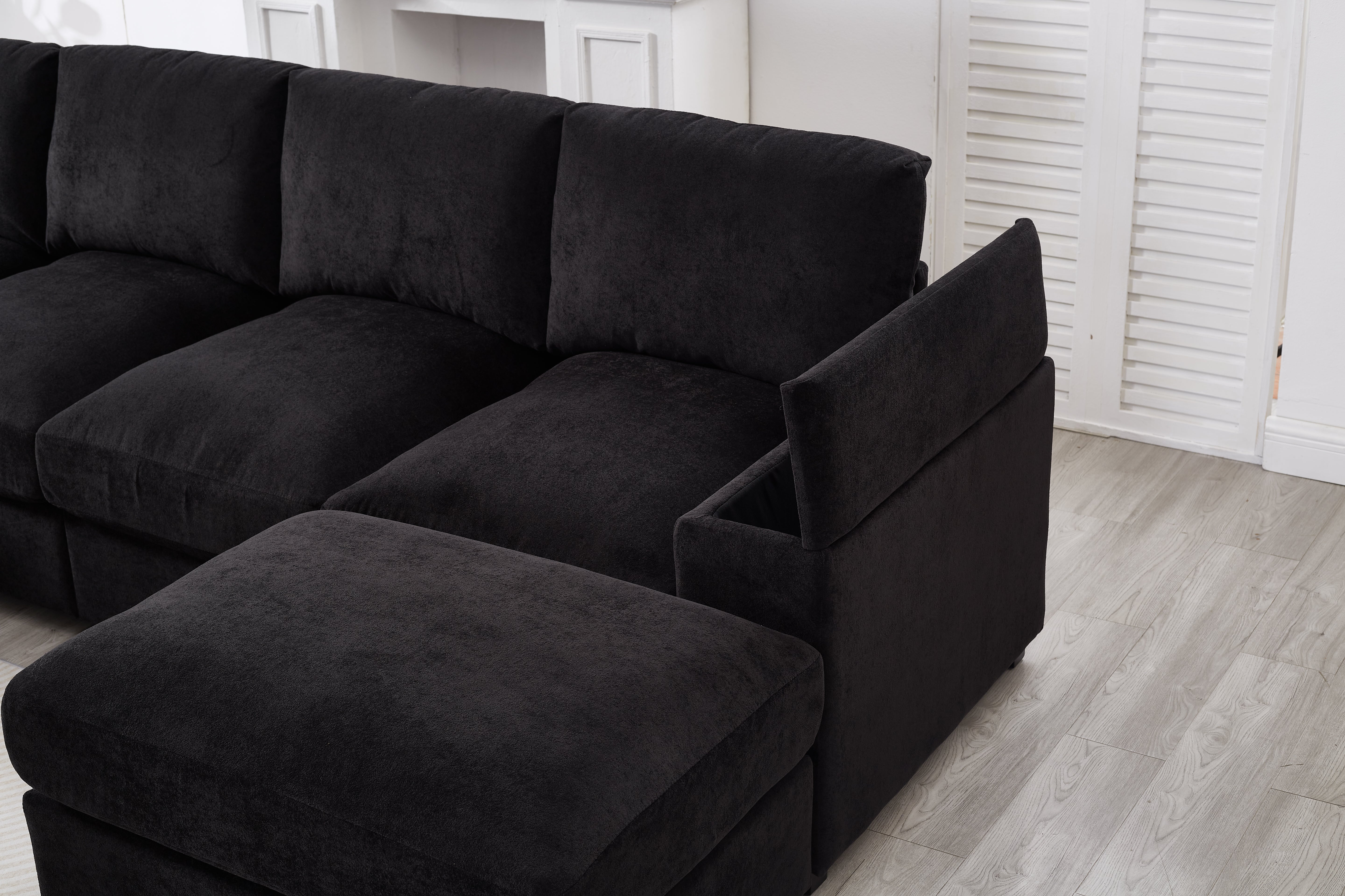 Sectional Sofa Deep Seat Sofa Couch With Ottomans, Corduroy Sofa Sleeper Comfy Upholstered Furniture For Living Room, Apartment, Office, 4-Seat & 2-Ottoman, Black