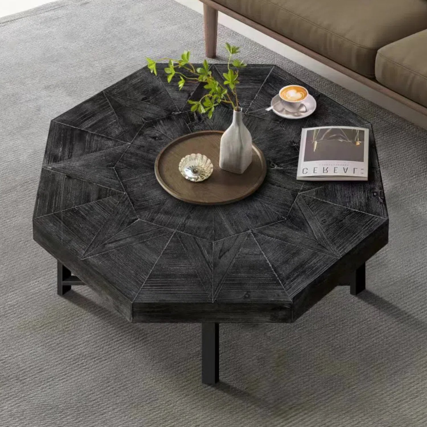 Wood Octagonal Vintage Patchwork Craft Farmhouse 30 Inch Wooden Table Top  Cross Metal Legs Coffee Table For Living Room Antique Black