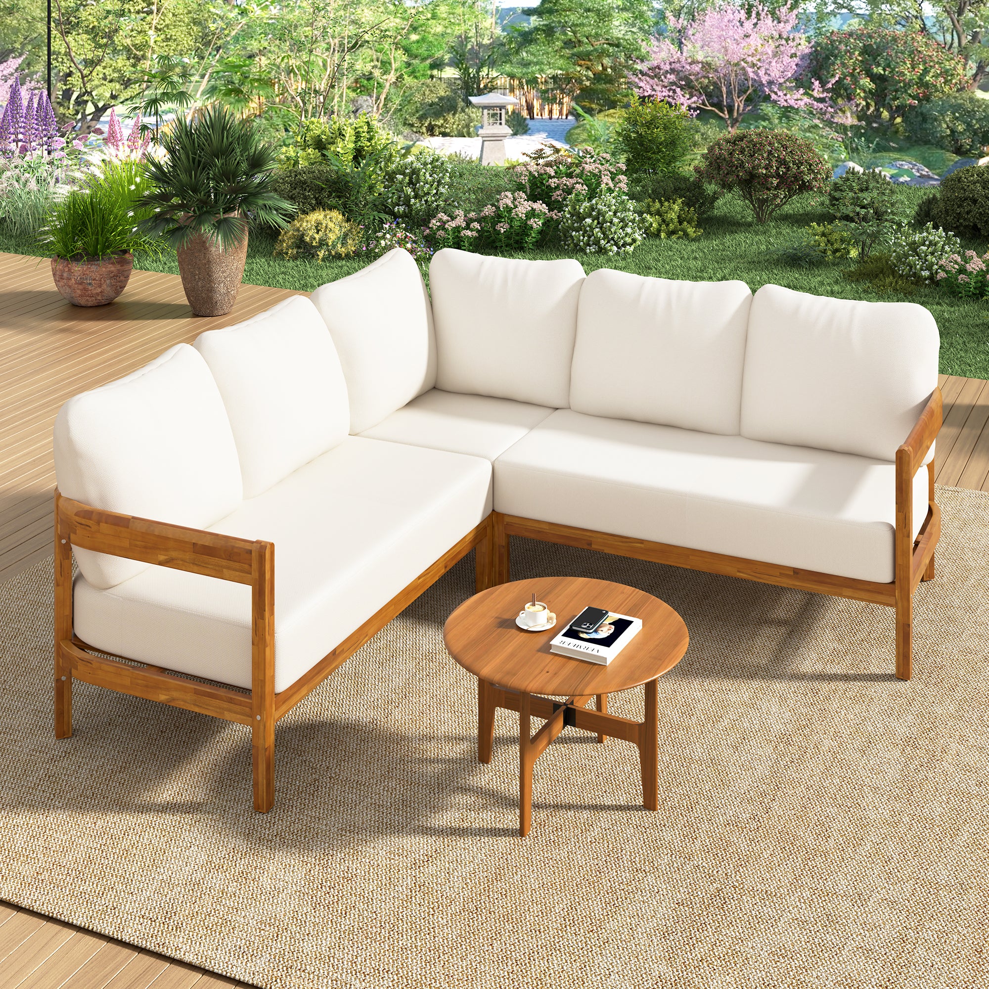 U-Style Acacia Solid Wood Patio Furniture Set  Outdoor Patio Conversation Furniture Set With 6 Soft Seat Cushions And Backpack   All Weather Outdoor Patio Sofa With Arc Frame  For Backyard  Garden.