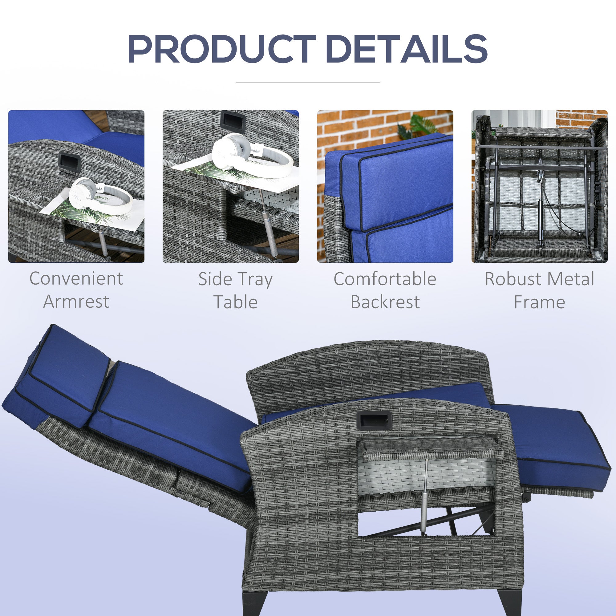 Outdoor Recliner Chair with Cushions, Reclining Patio Lounge Chair with Adjustable Footrest, Armrests, Tray Table, Blue
