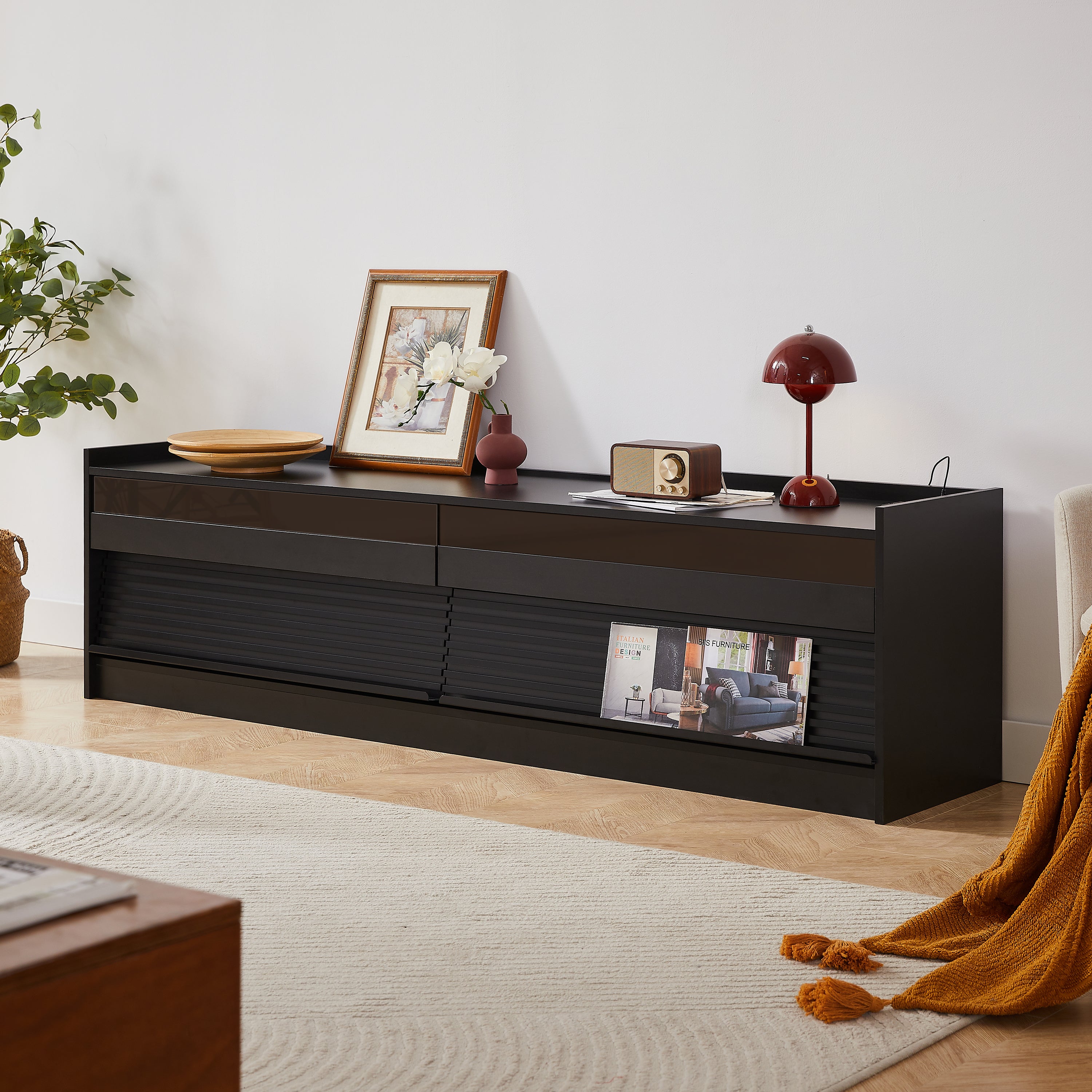 Mirod Modern TV Stand With Ample Storage,4 Drawer Design With Tempered Glass ,Built-in Charging Ports And Ambient LED Lighting ,Versatile For Any Decor Style