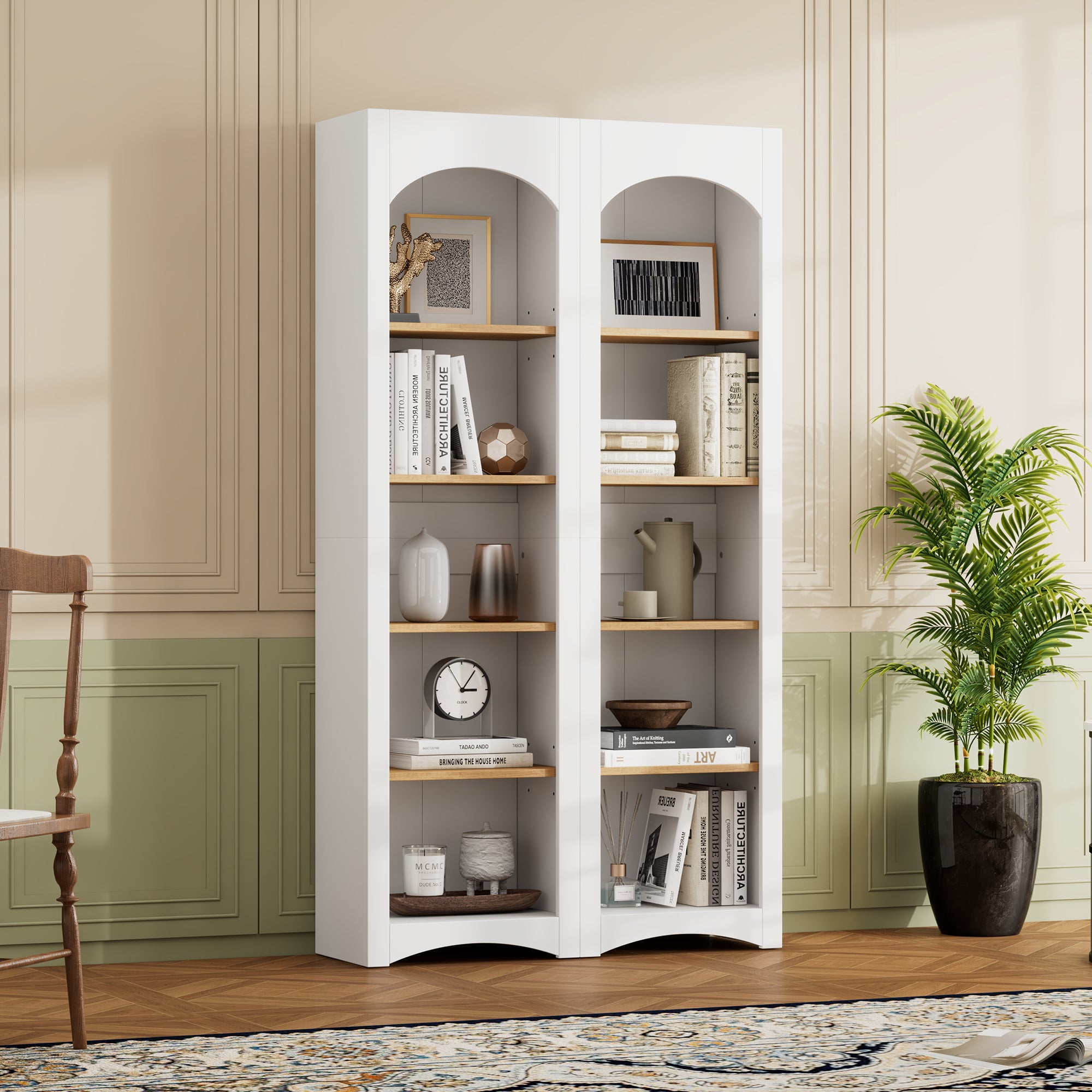ON-TREND Free Standing 5 Tier Bookshelves, Bookcases Set Of 2, Farmhouse Two-Tone Storage Cabinet With Adjustable Shelves, Modern 72H Kitchen Pantry Cabinet For Living Room, Home Office, White