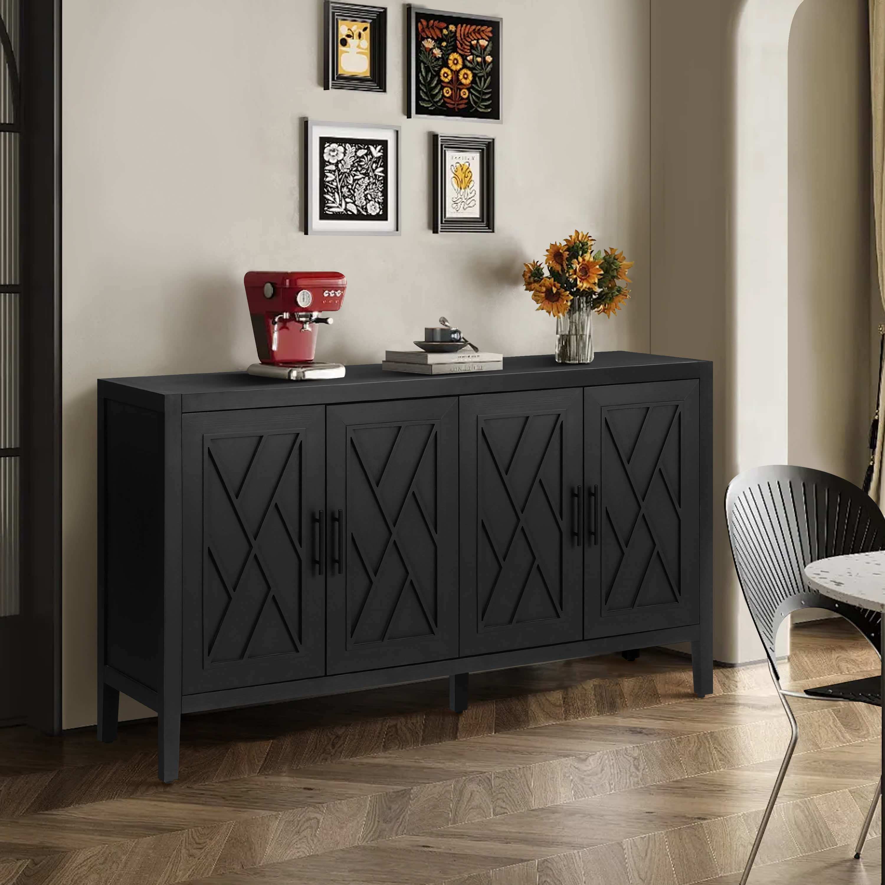 60 Inches Modern Farmhouse Accent Cabinet With 4 Doors And Adjustable Shelf Wood Sideboard Buffet Cabinet Console Table Credenza Buffet Table For Kitchen Dining Room Entryway Hallway Antique Black