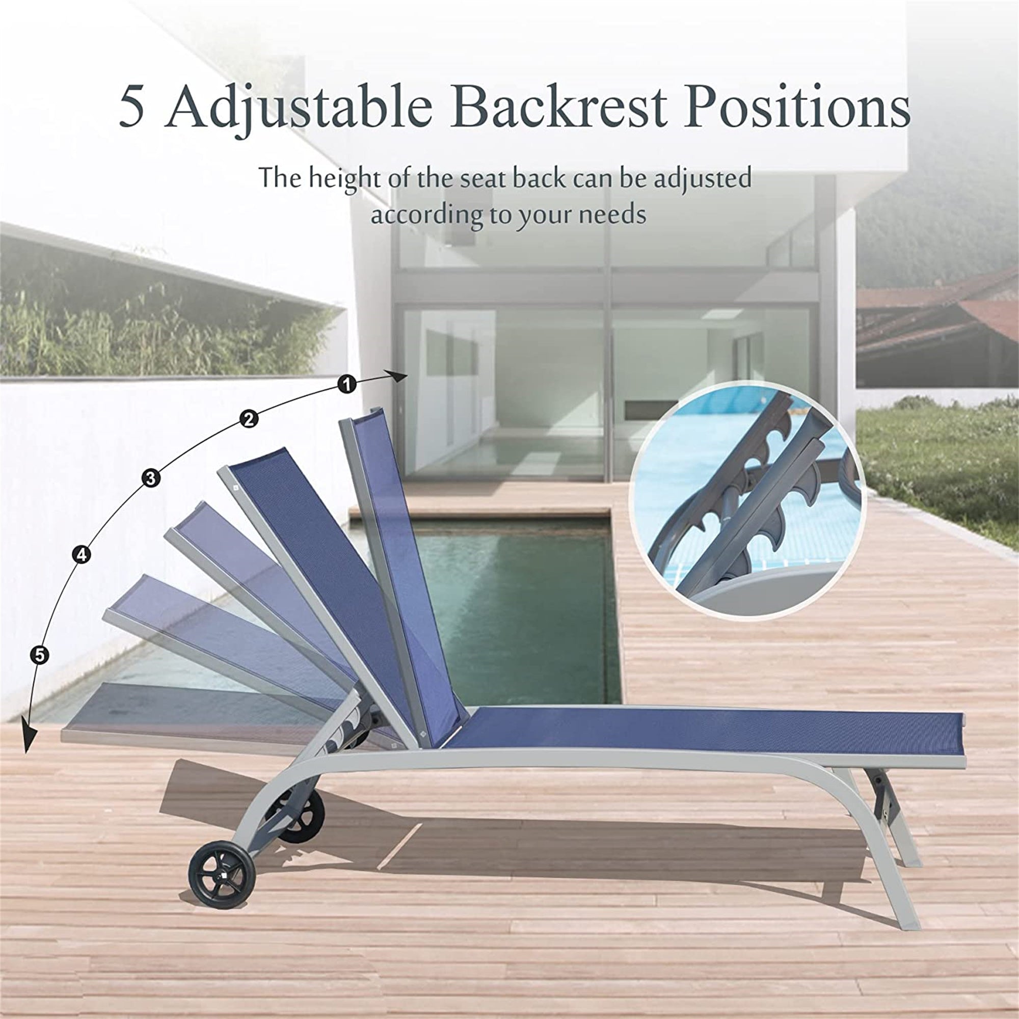 Chaise Lounge Outdoor Set Of 3, Lounge Chairs For Outside With Wheels, Outdoor Lounge Chairs With 5 Adjustable Position, Pool Lounge Chairs For Patio, Beach Blue, 2 Lounge Chairs 1 Table