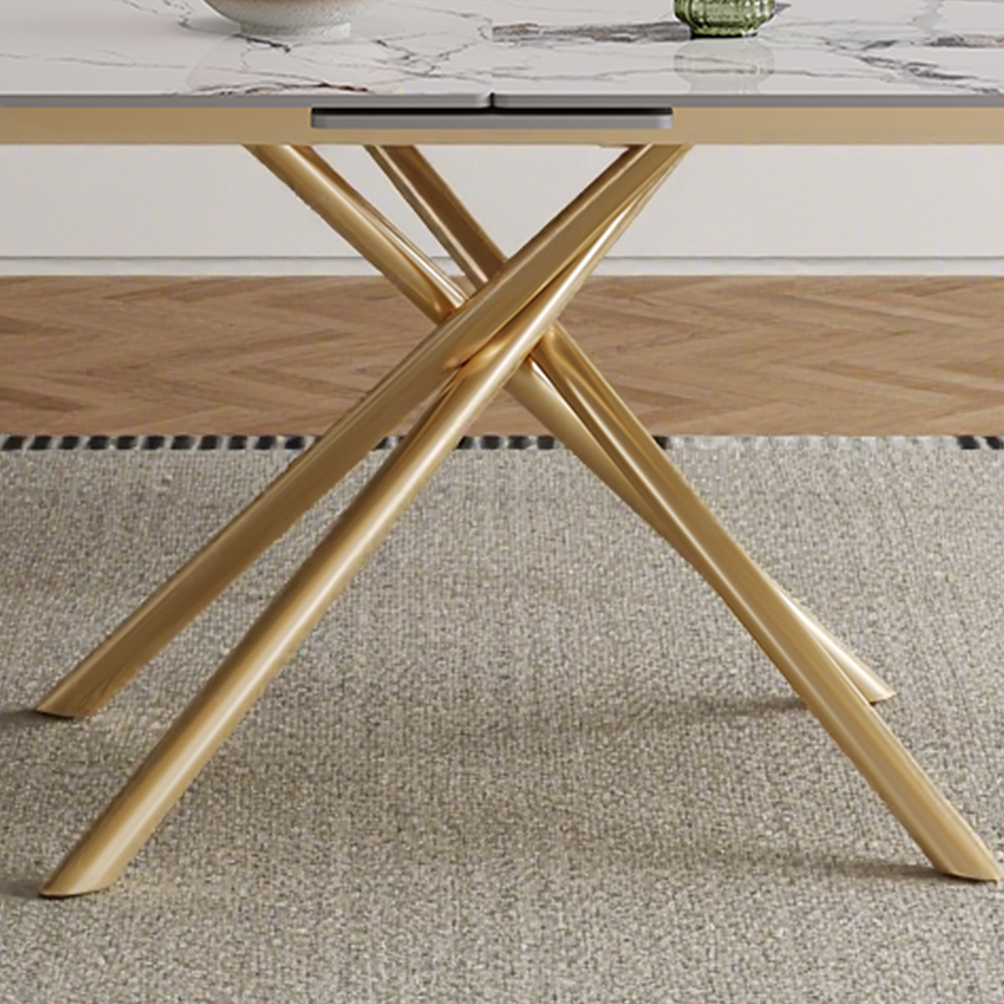 59-inch Modern Rectangle Expandable Dining Table With Retractable Leaf  Sintered Stone Top & Golden Carbon Steel X-Base  Sturdy 4-6 Person Table For Small Apartments  Kitchen  Dining Room