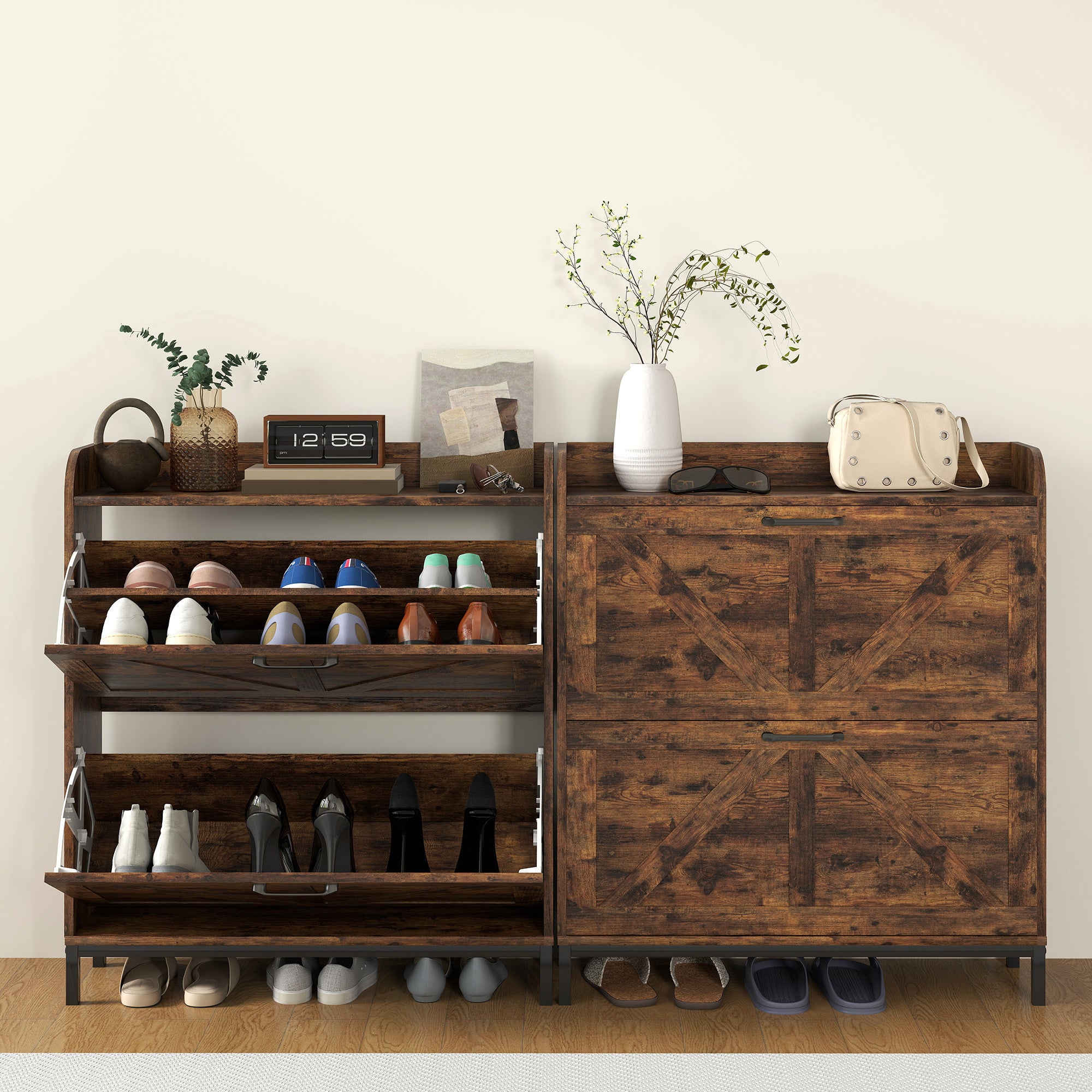 Shoe Cabinet Organizer with 2 Flip Drawers, Legs, Narrow Shoe Storage Cabinet for Entryway, Hallway, Rustic Brown