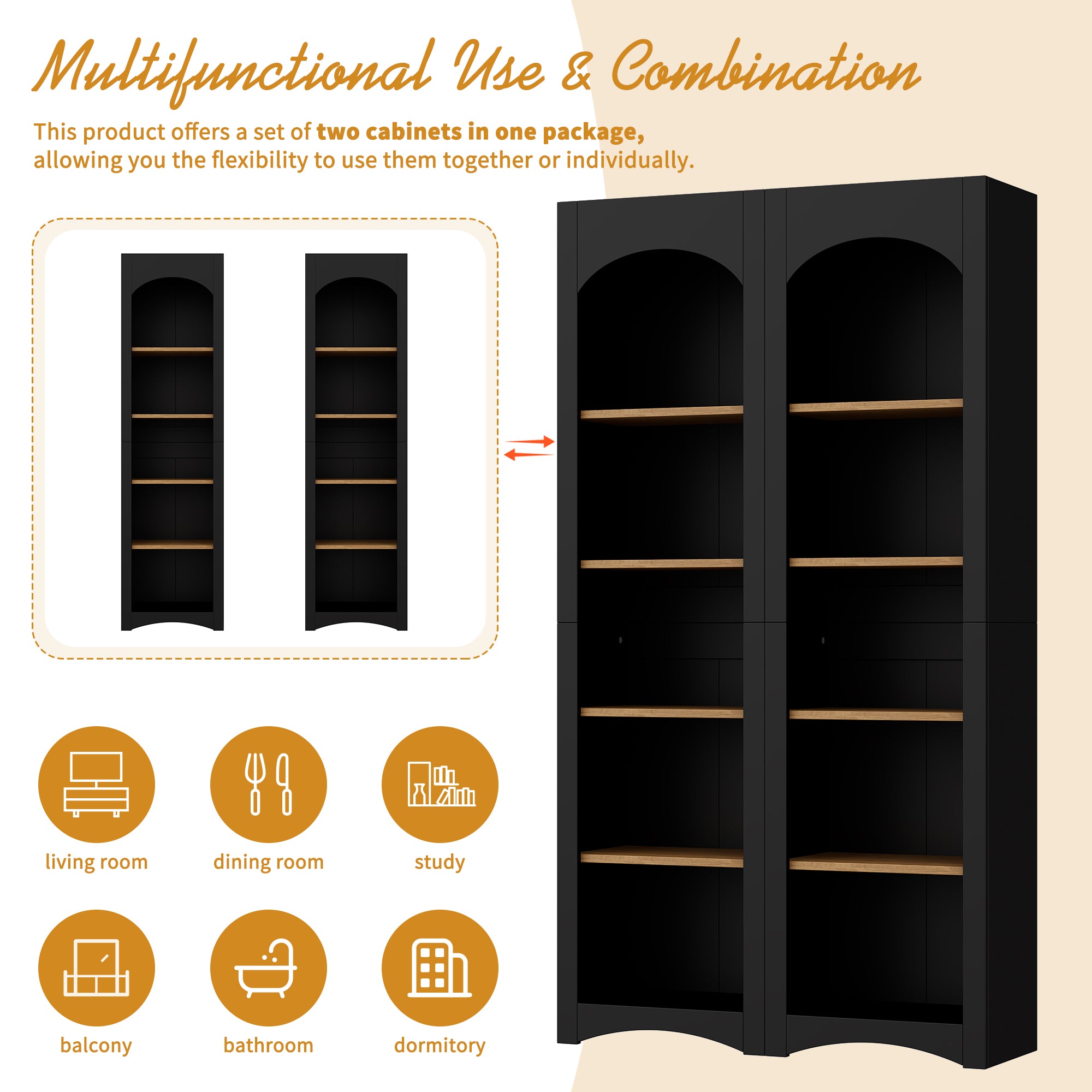 ON-TREND Free Standing 5 Tier Bookshelves, Bookcases Set Of 2, Farmhouse Two-Tone Storage Cabinet With Adjustable Shelves, Modern 72H Kitchen Pantry Cabinet For Living Room, Home Office, Black