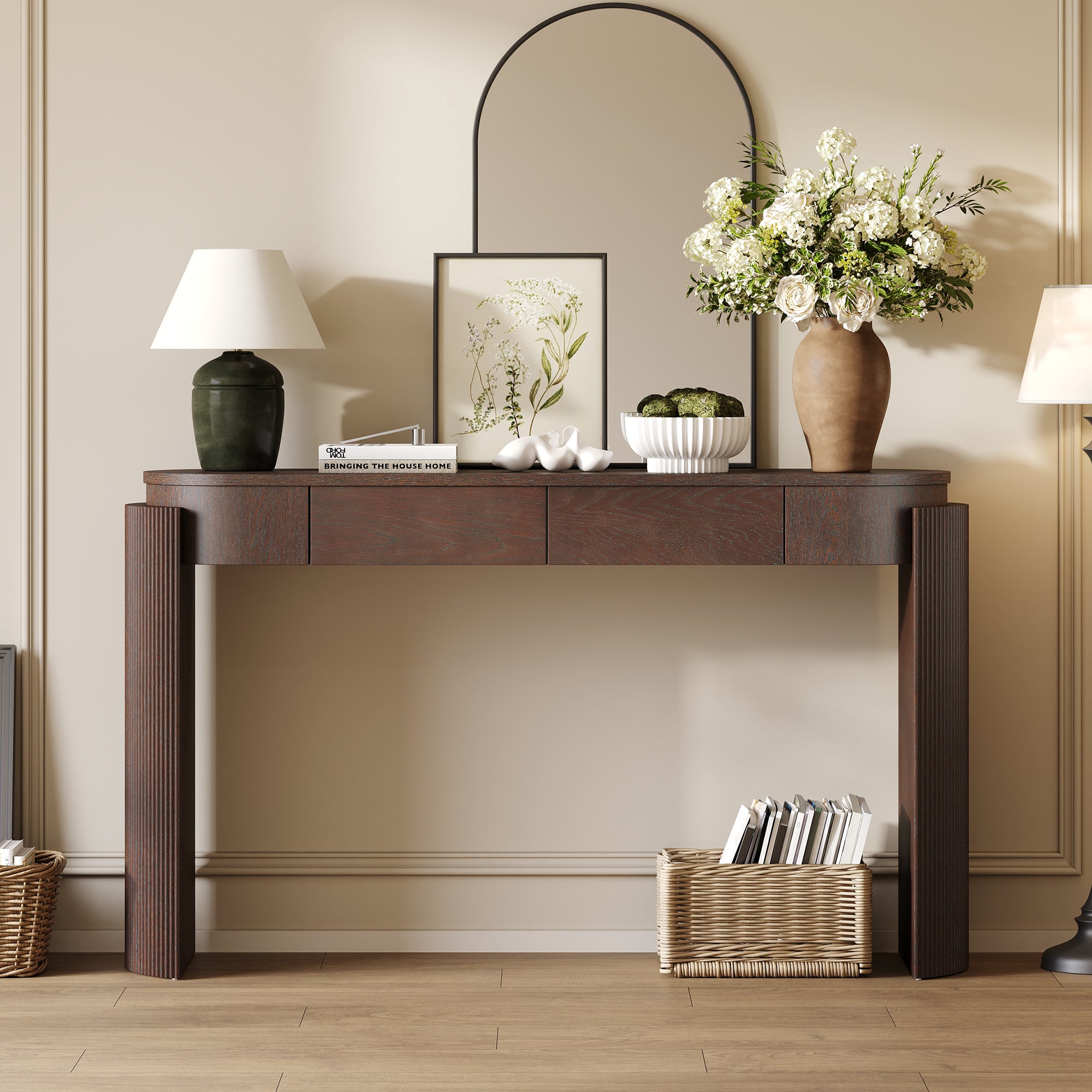 TREXM Entryway Table With Natural Wood Grain Finish  Console Table With Fluted Design  Oval Top And 2 Drawers For Entryway And Living Room  Espresso