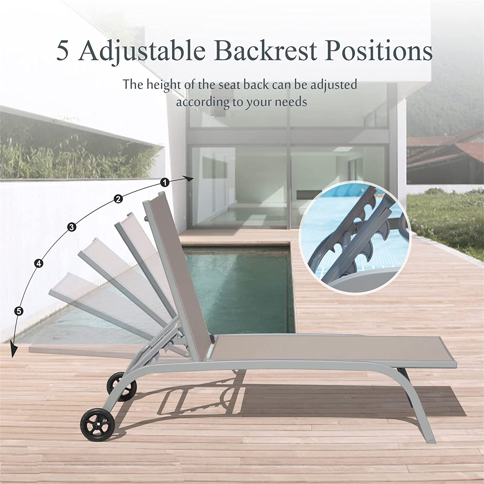 Chaise Lounge Outdoor Set Of 3, Lounge Chairs For Outside With Wheels, Outdoor Lounge Chairs With 5 Adjustable Position, Pool Lounge Chairs For Patio, Beach  Khaki,2 Lounge Chairs 1 Table