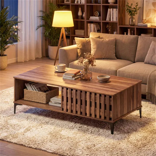 47 Inch Mid-Century Coffee Table With Storage Cabinets & Open Compartment, Walnut Wooden Look Accent Table With Heavy-Duty Metal Legs For Living Room