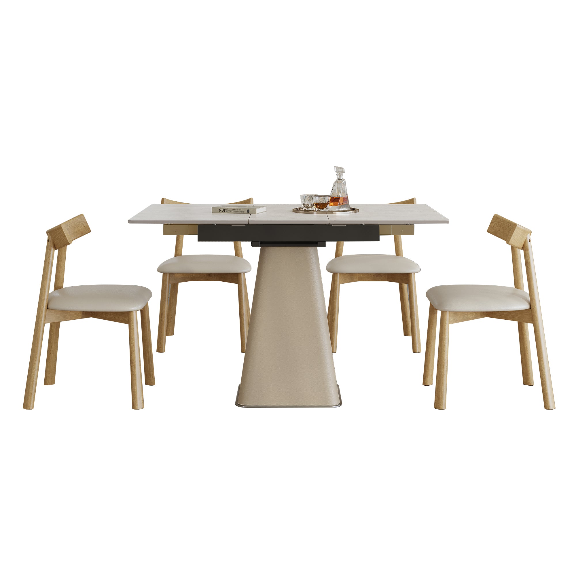 Retractable Rock Slab Dining Table Set  Modern 5-Piece Expandable Table With 4 Wooden Leg Chairs & Leather-Wrapped Base  Space Saving Kitchen Set For Small Apartments
