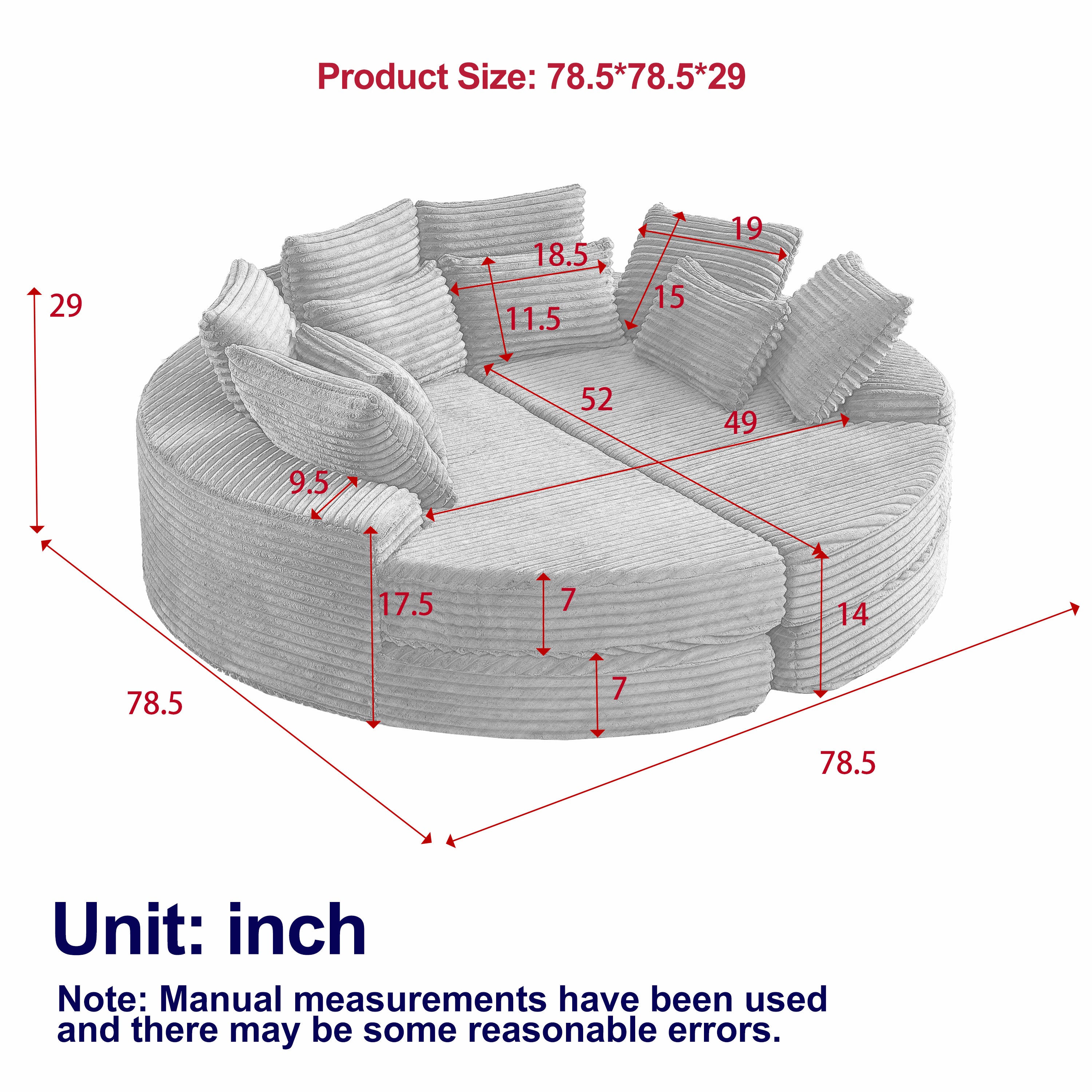 78.5-inch Corduroy Round Oversized Recliner, Converts Into Two Recliners, 2-In-1 Sofa Bed, Neck Pillow Design With Five Throw Pillows