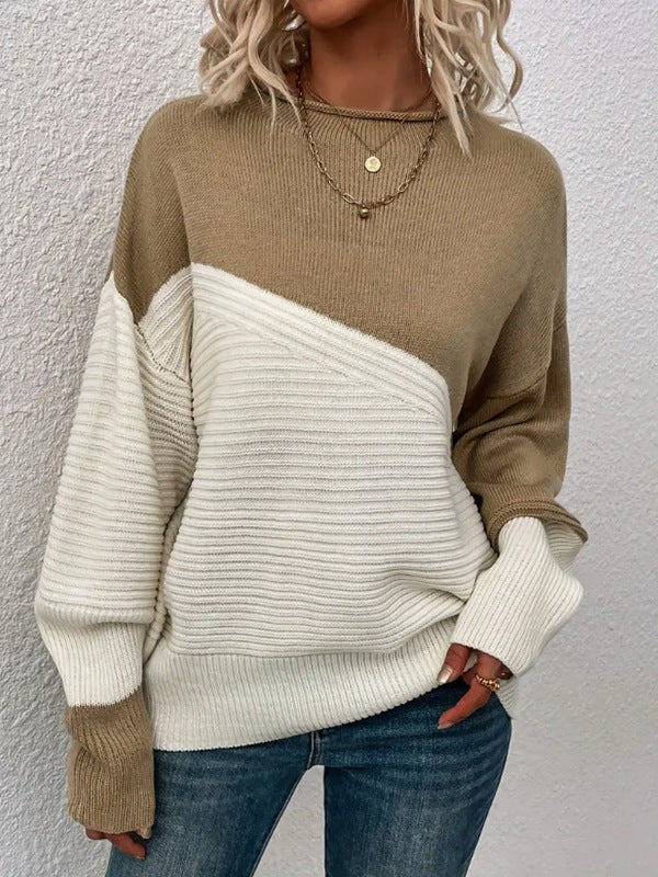 Women's Knitting Sweater Stitching Contrast Color Pullover Top