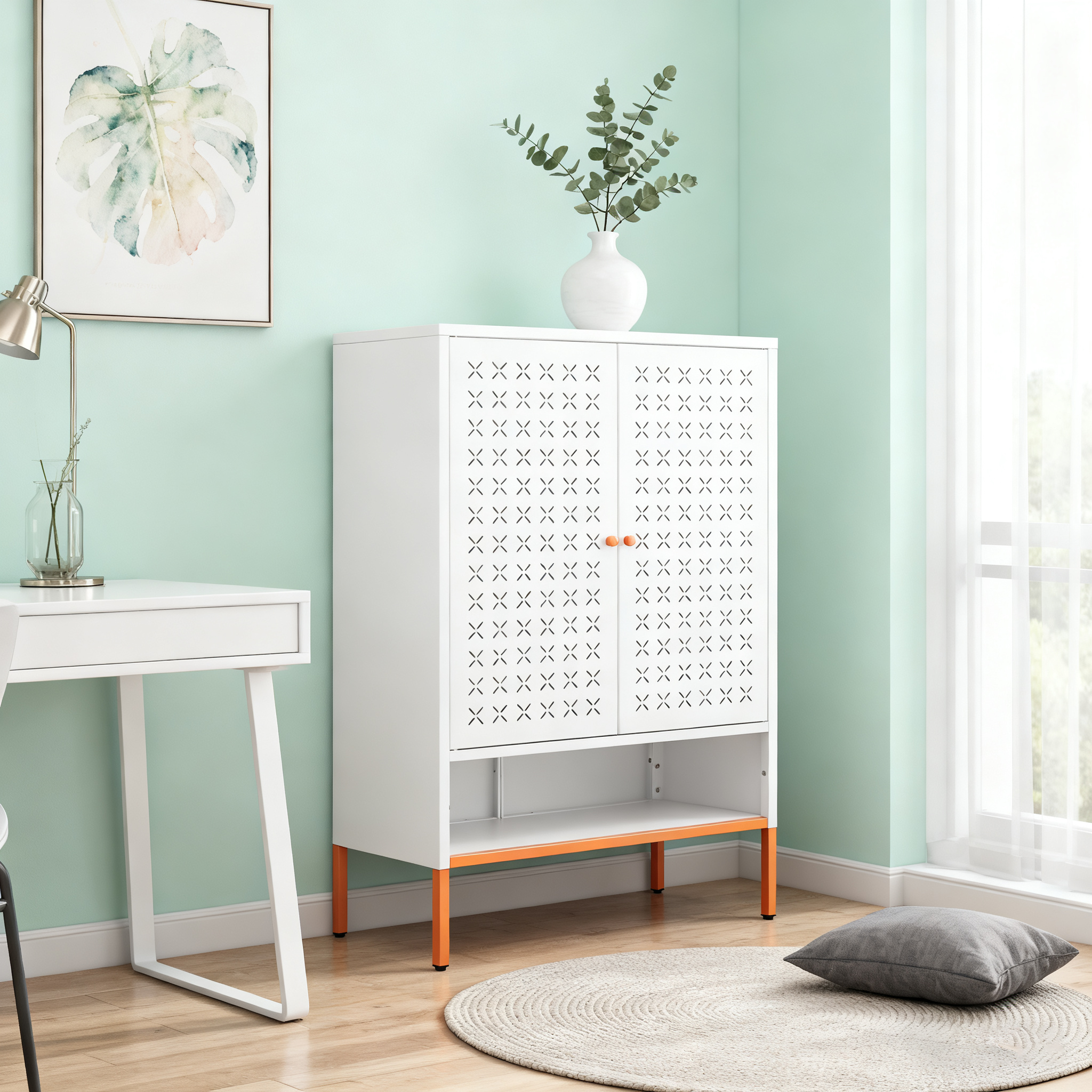 Grid Double Door Shoe Cabinet, Three Adjustable Compartments For Flexible Storage, Suspended Hollow Shoe Changing Compartment, Bottom 15cm Moisture-proof High Foot Design