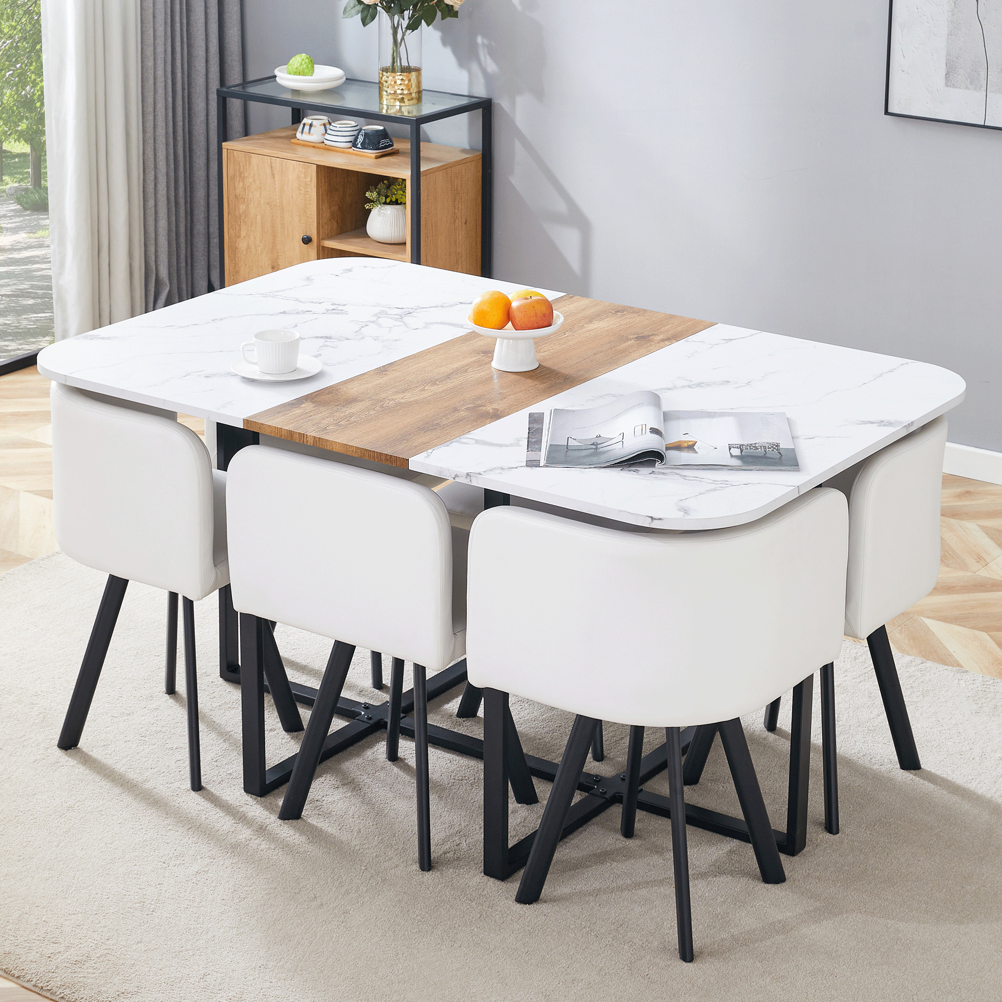 Modern Minimalist Style MDF Marble Pattern Joinery Dining Table With PU Leather Dining Chairs Six Piece Set, Suitable For Modern Minimalist, Nordic, Or Industrial Styles.