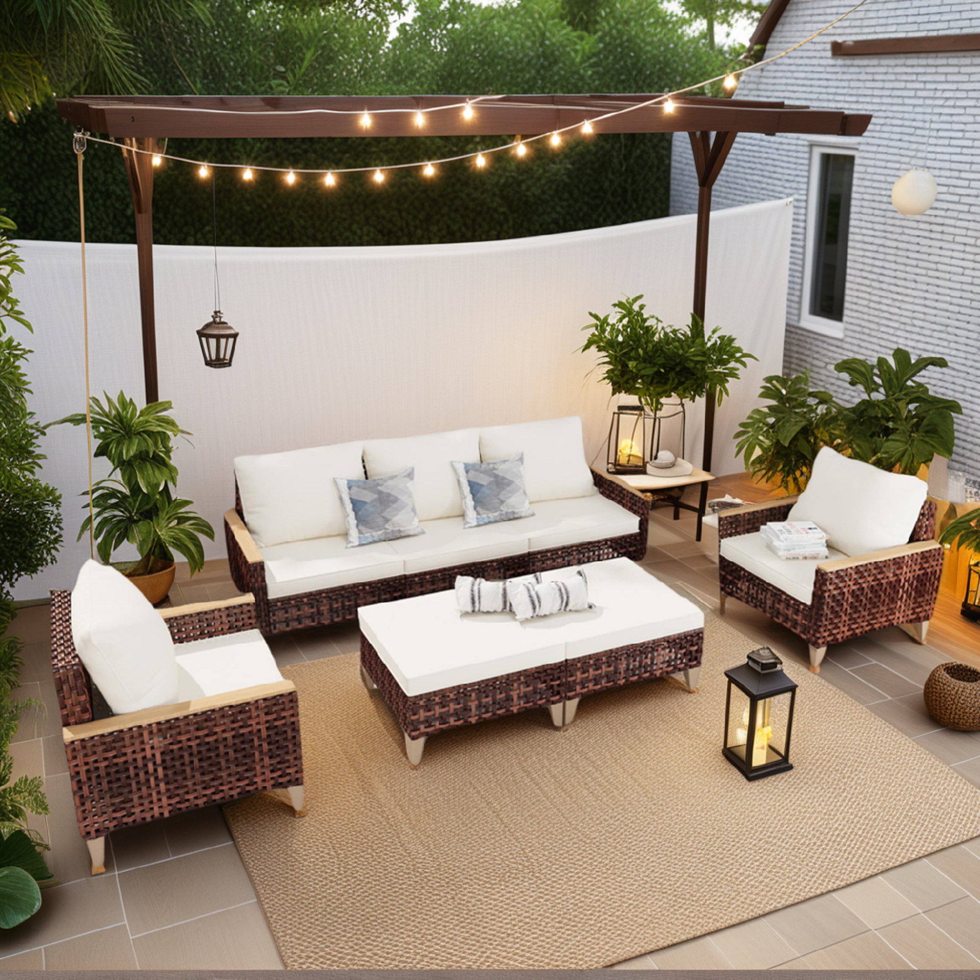 High Footed Hollowed Out Rattan Terrace Furniture Set, 5 Pieces, 7 Seats, Sofa Set With Cushion, 4-inch Thick Cushion, White
