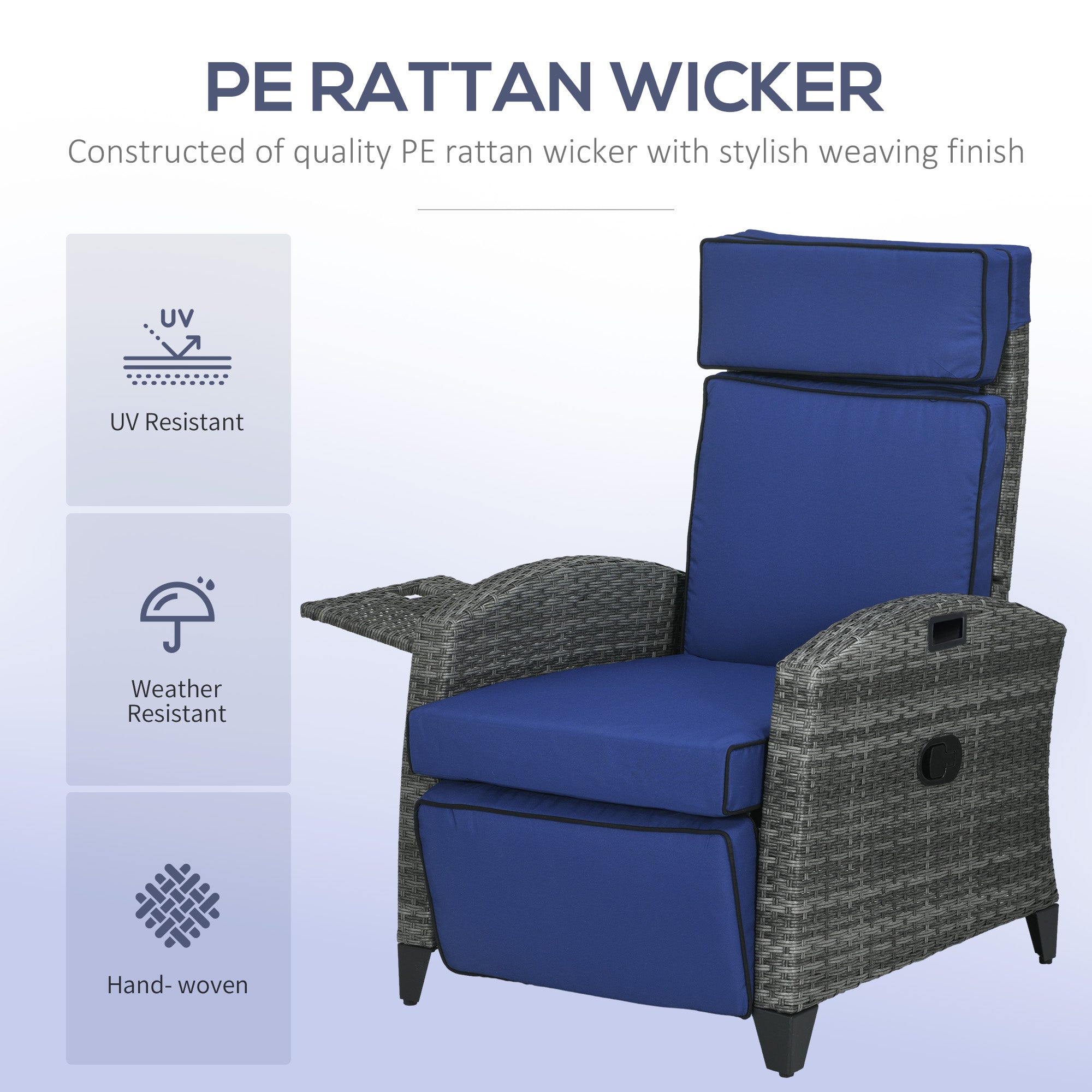 Outdoor Recliner Chair with Cushions, Reclining Patio Lounge Chair with Adjustable Footrest, Armrests, Tray Table, Blue