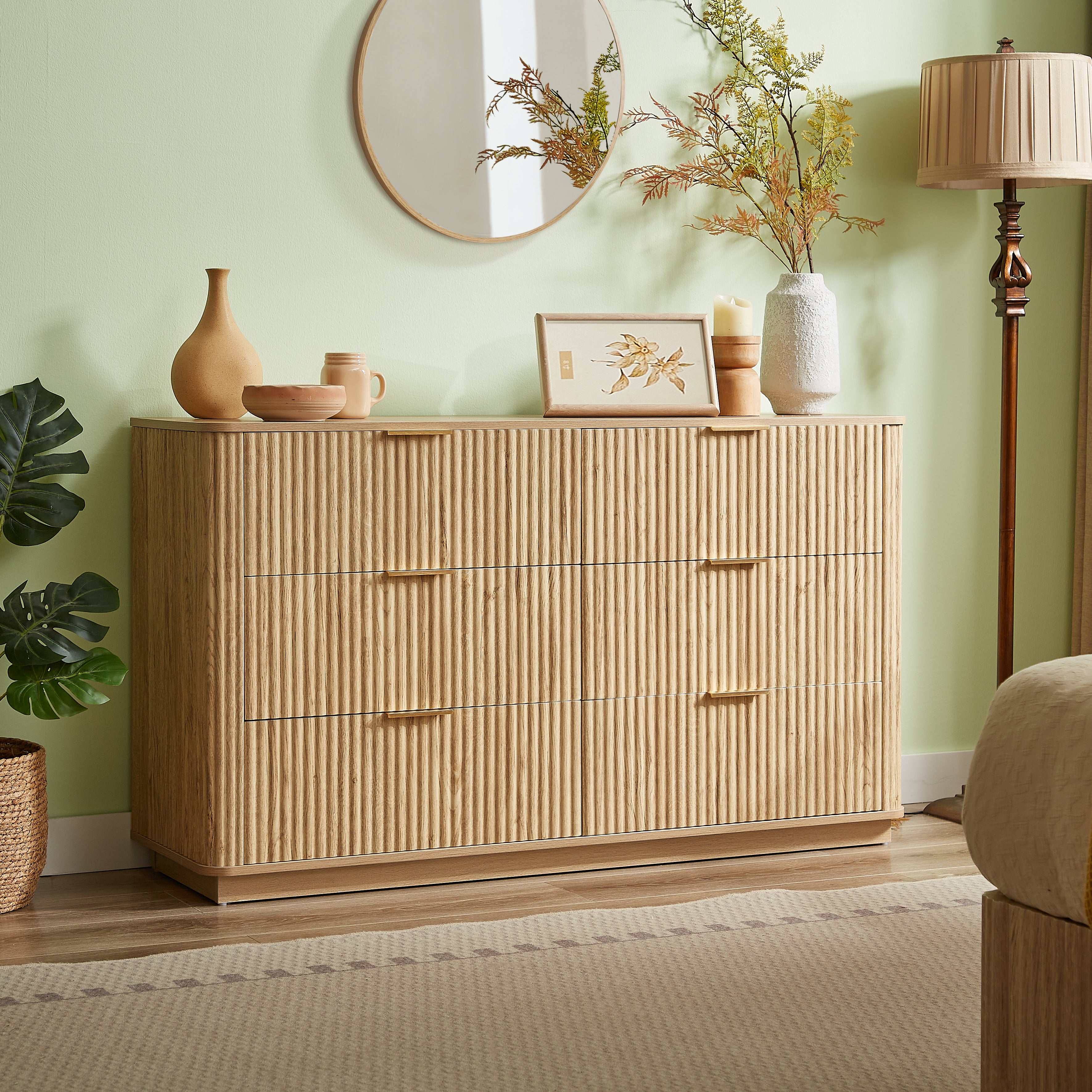 6 Drawers Dresser,55 Wide Modern Chest Of Drawers Curved Wave Design, Dresser TV Stand, Wood Drawer Organizer For Bedroom, Living Room, Hallway, Walnut,55.12W X 15.75D X 31.5H.