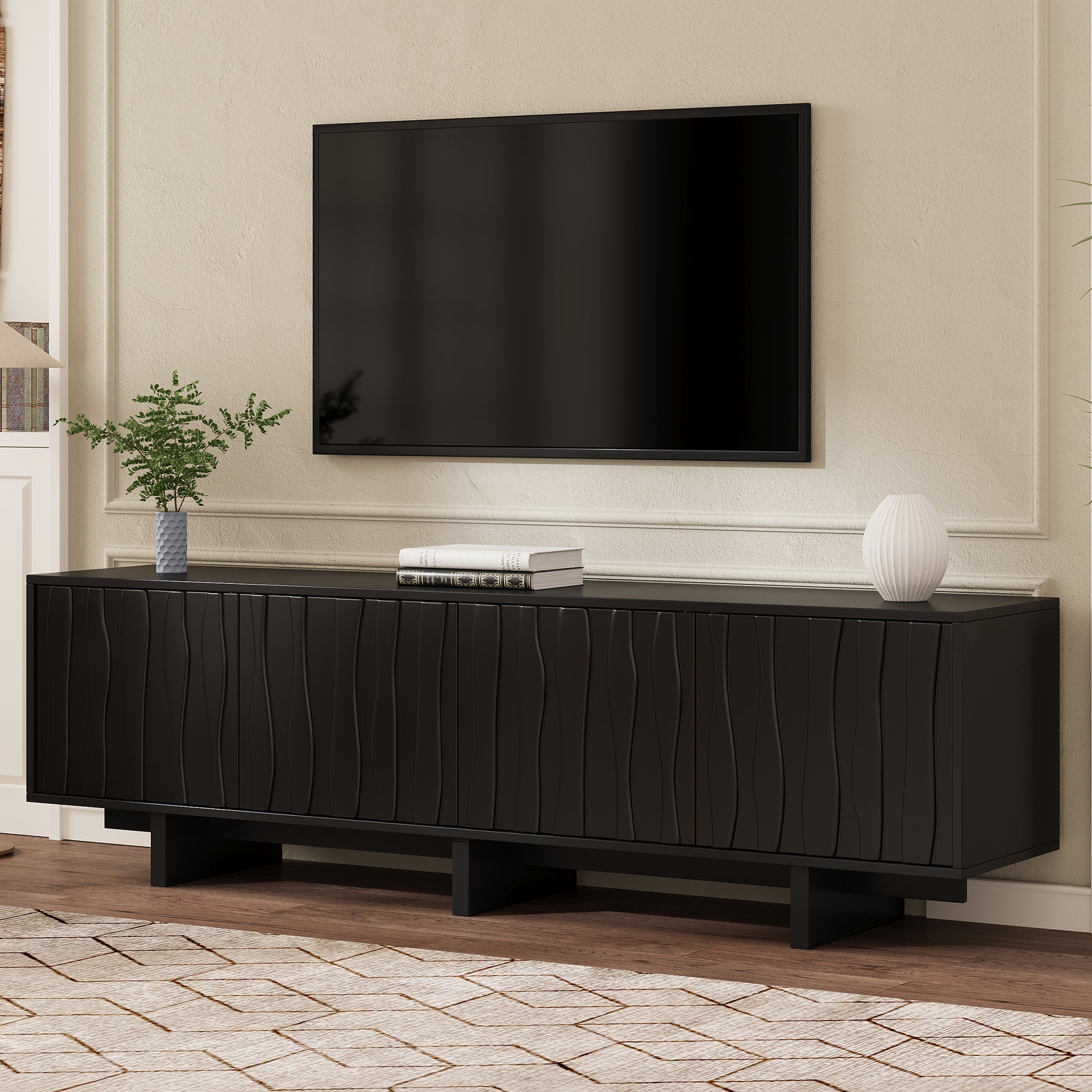Retro Style Wood Grain TV Stand With Wavy Door Design For TVs Up To 75, Rustic Media Console With Ample Storage Space, Sturdy Base TV Cabinet With Cable Management For Living Room, Bedroom, Black