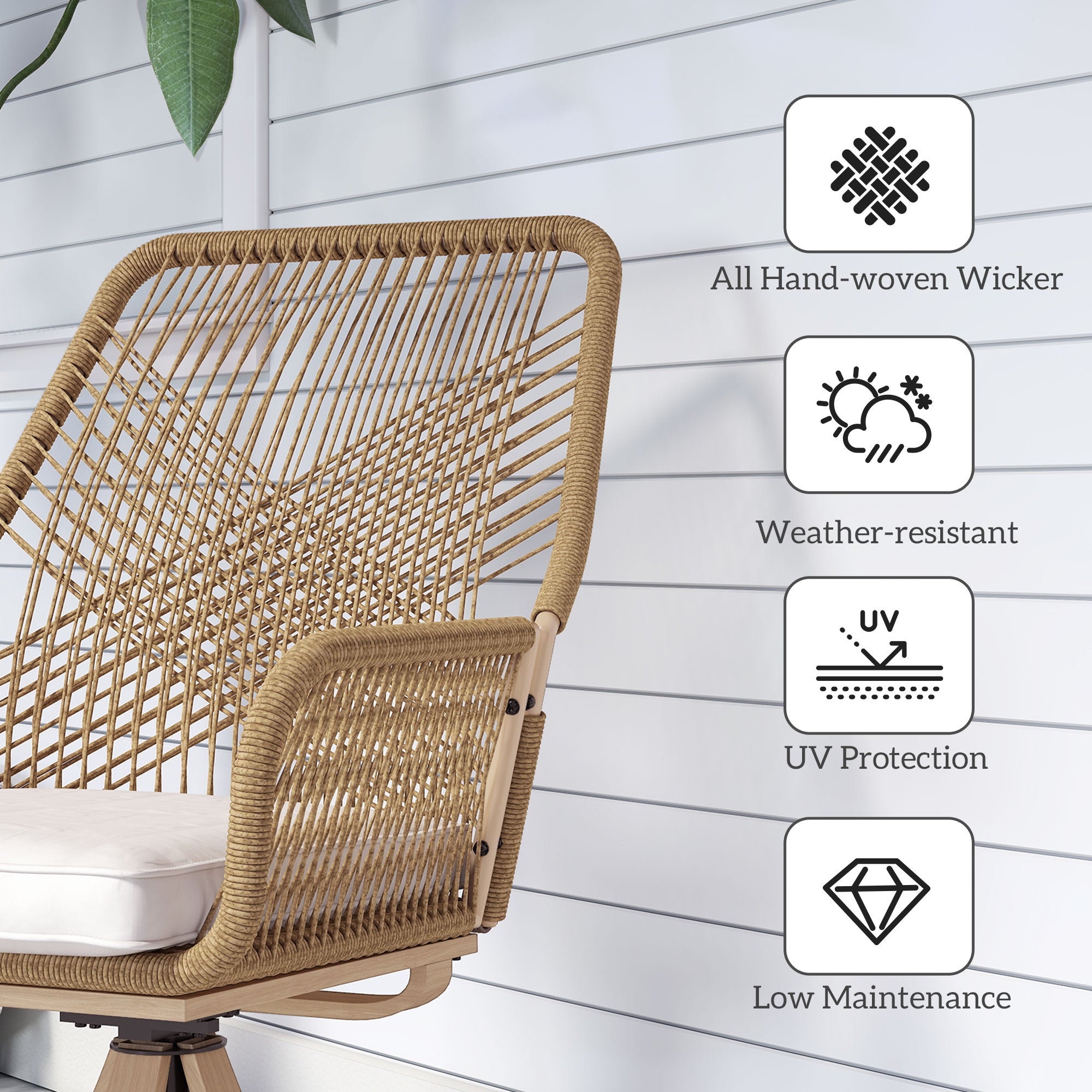 Patio Swivel Chairs Set of 2, Rattan Patio Dining Chairs with Soft Cushions for Backyard, Lawn, Porch, or Garden, Khaki