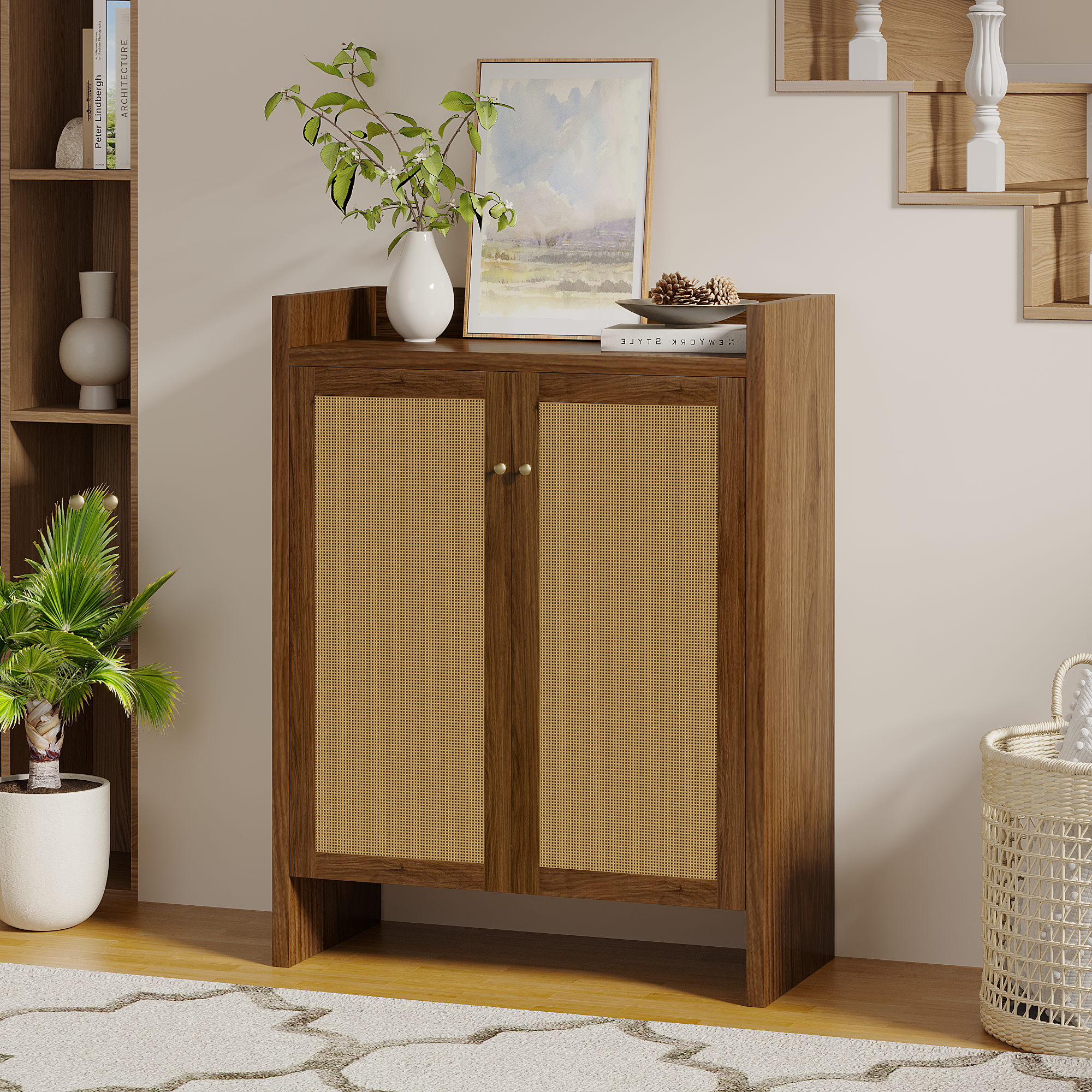 42.5 Tall Rattan Shoe Cabinet With Doors, 6-Tier Shoe Storage Cabinet With Adjustable Shelves, Wooden Freestanding Shoe Organizer Shoe Cabinet For Entryway,Hallway,Living Room Walnut
