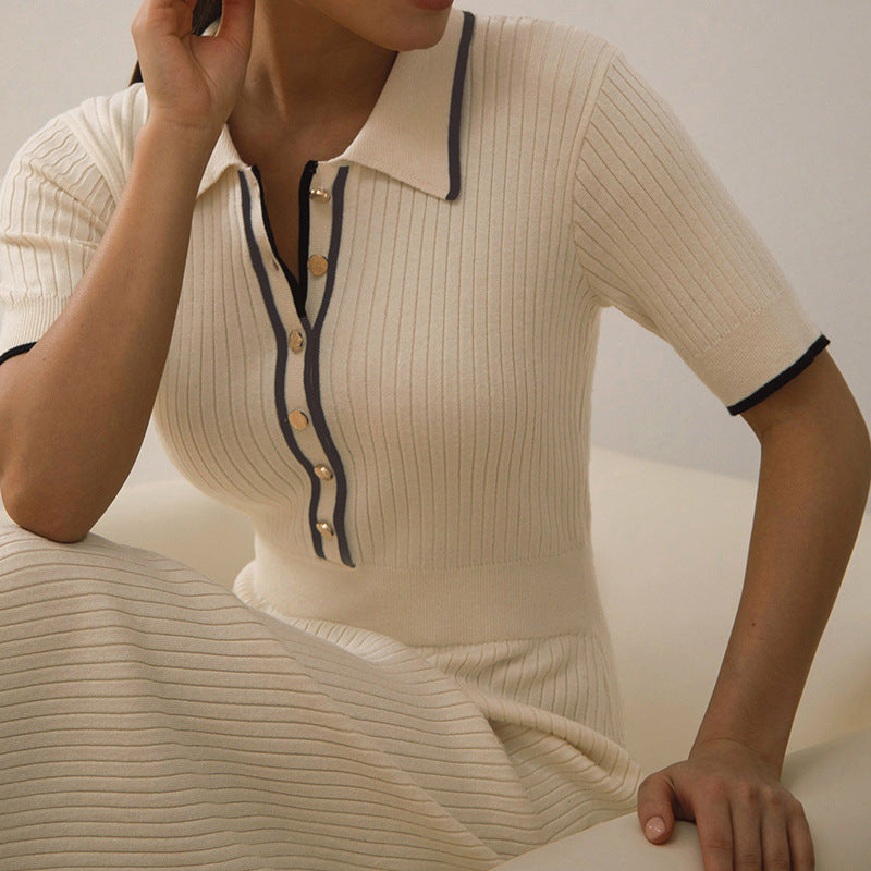 Gentle Color-contrasting Stripe Polo Collar Sunken Stripe Dress