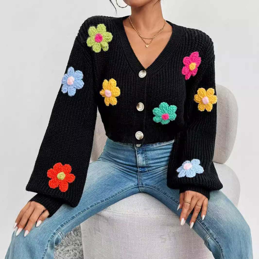 Sweet Flowers Pattern Sweater Cardigan