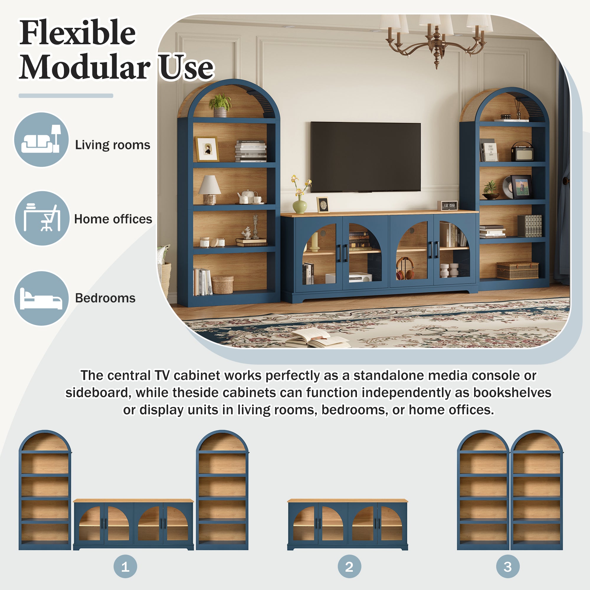 3-Piece Retro TV Stand Set With Bookshelf For TVs Up To 70, Two-Tone Wood Grain Entertainment Center With Arched Design, Farmhouse Sideboard With Tempered Glass Doors For Living Room, Blue Natural