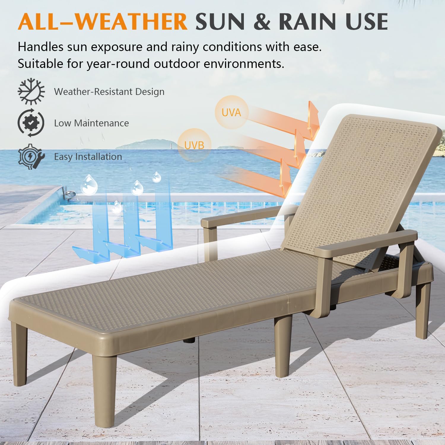 Pool Lounge Chairs Set Of 2, Outdoor Lounge Chairs With 6 Positions Backrest Adjustable Armrest, Resin Waterproof Chaise Lounge Outdoor For Poolside Patio
