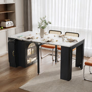 TREXM Extendable Dining Table With 3 Removable Middle Leaves  Mobile Rolling Island Table With Power Outlet  Saving-space Cabinet With Storage For Dining Room And Living Room  BLACK AND MARBLE WHITE
